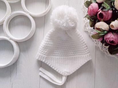 3-6 міс, Нова біла в'язана шапка на зав'язках