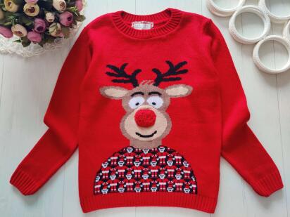 11,12 років, зріст 146,152 Червоний новорічний светр з оленем