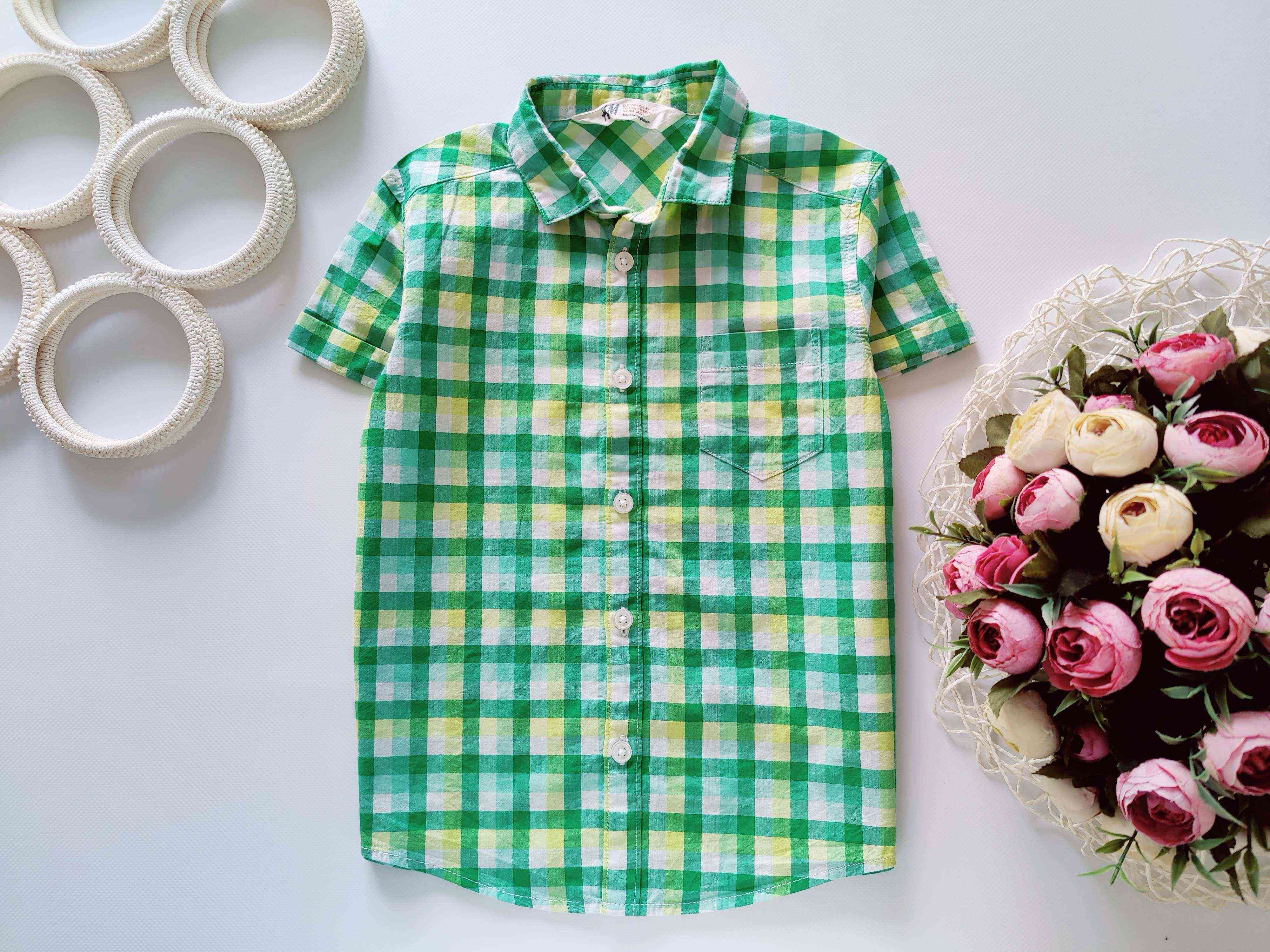 3,4 года, рост 104 Рубашка в желто зеленую клетку