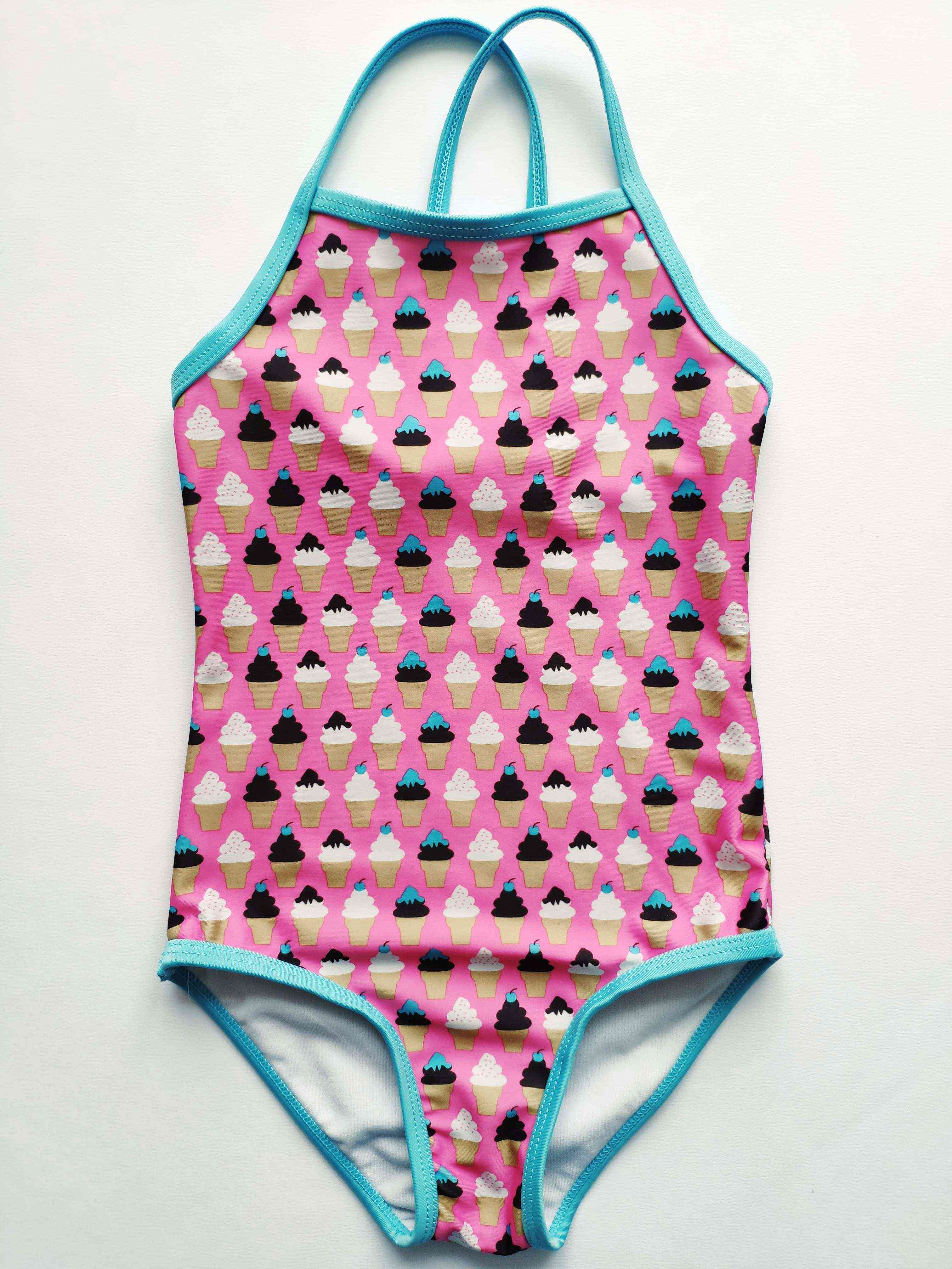 5-6 лет, рост 110\116 Купальник для девочки в пирожинках