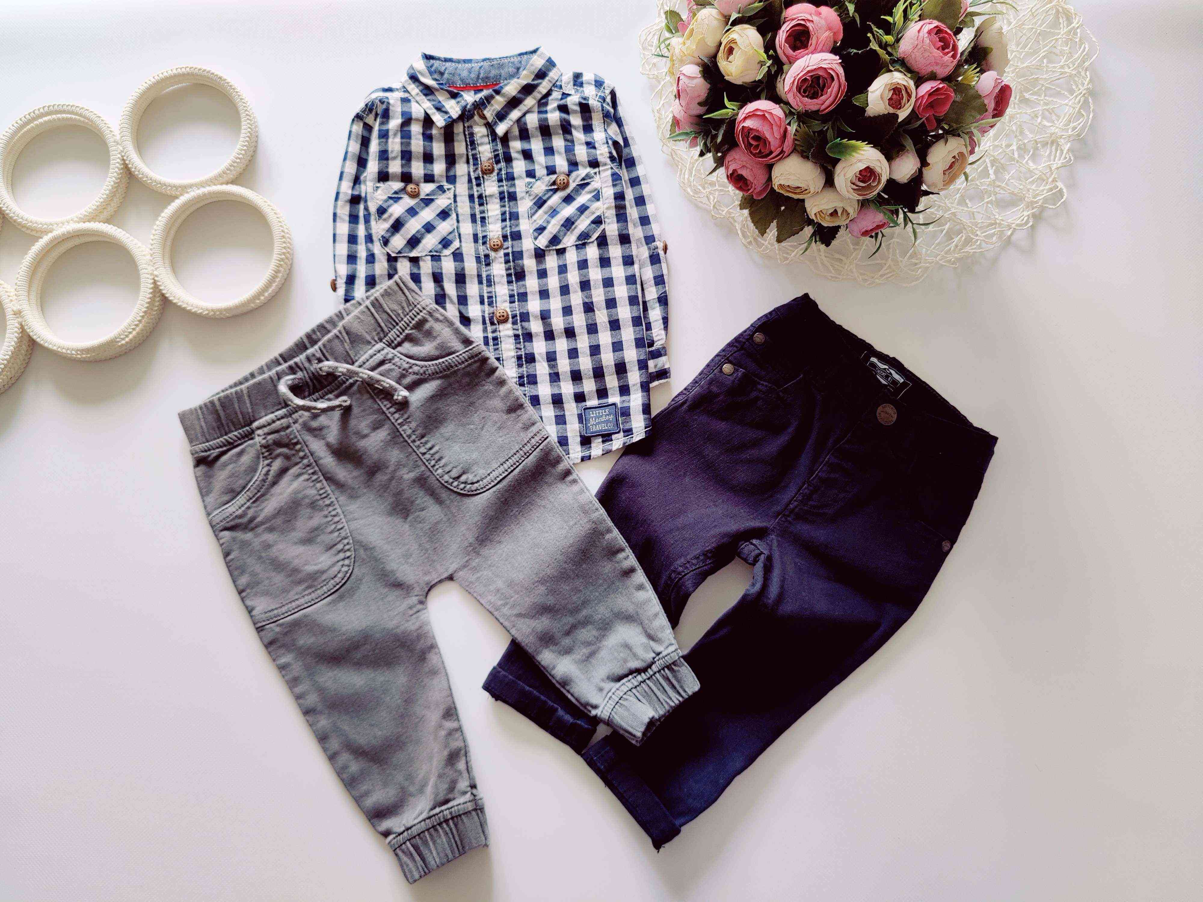 6,9 мес, рост 68,74 Джинсы с рубашкой в клетку