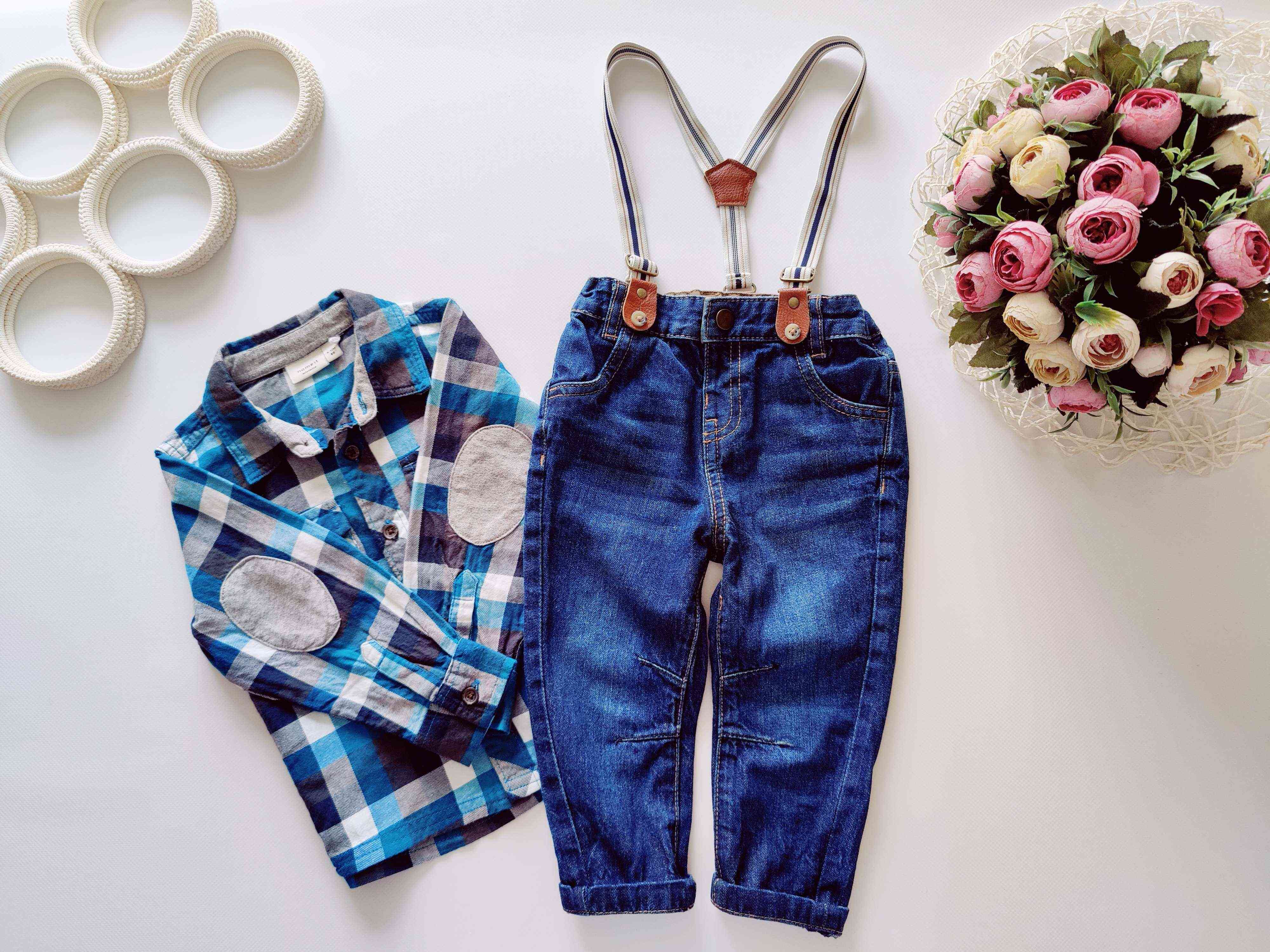 9,12 міс, зріст 74,80 Джинси на підтяжках із сорочкою