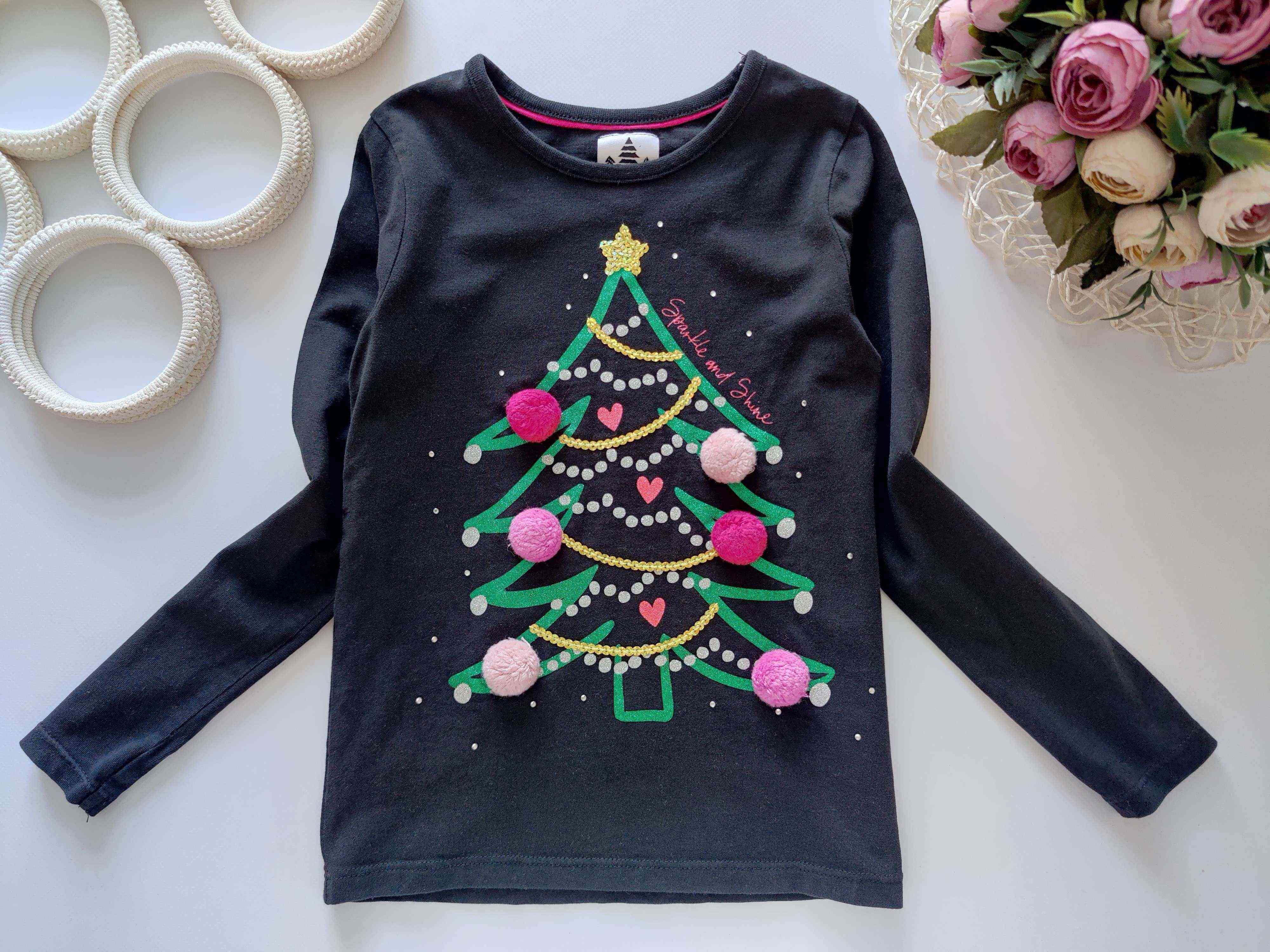 5,6 лет, рост 110,116 Новоголний лонгслив с елкой