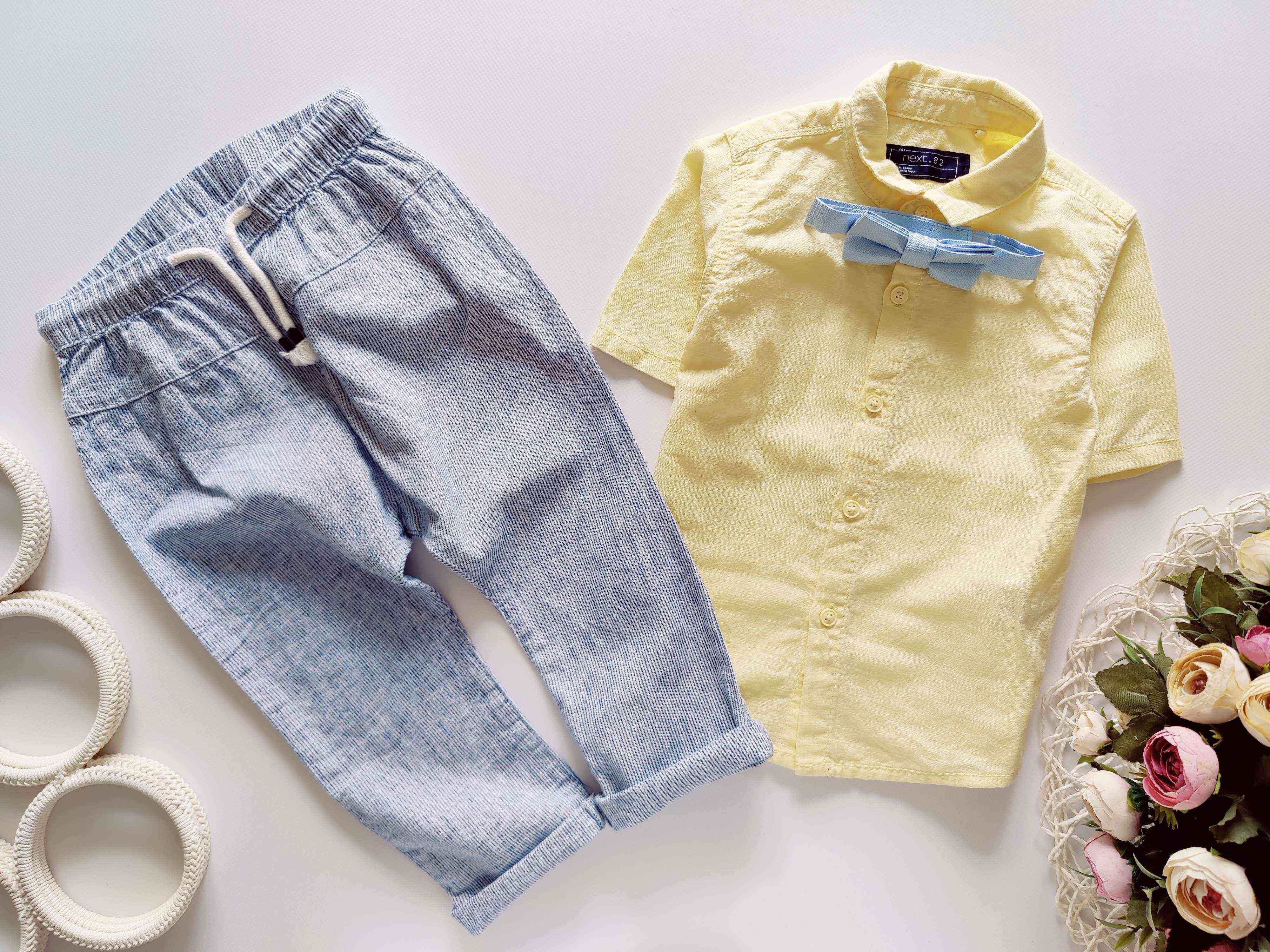 12,18 мес, рост 86  Желто голубой нарядный льняной костюм для мальчика