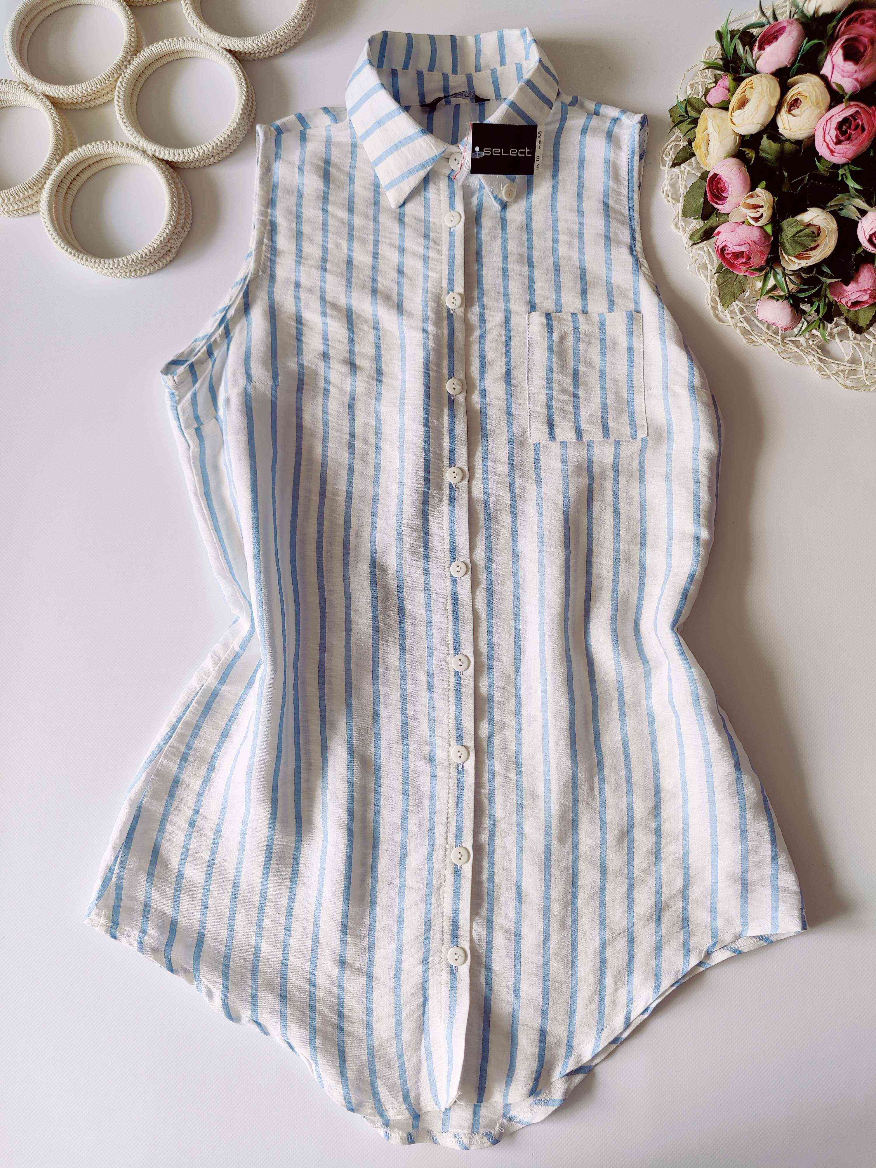 10\38 Новая удленненная белая женская летняя рубашка в голубую полоску