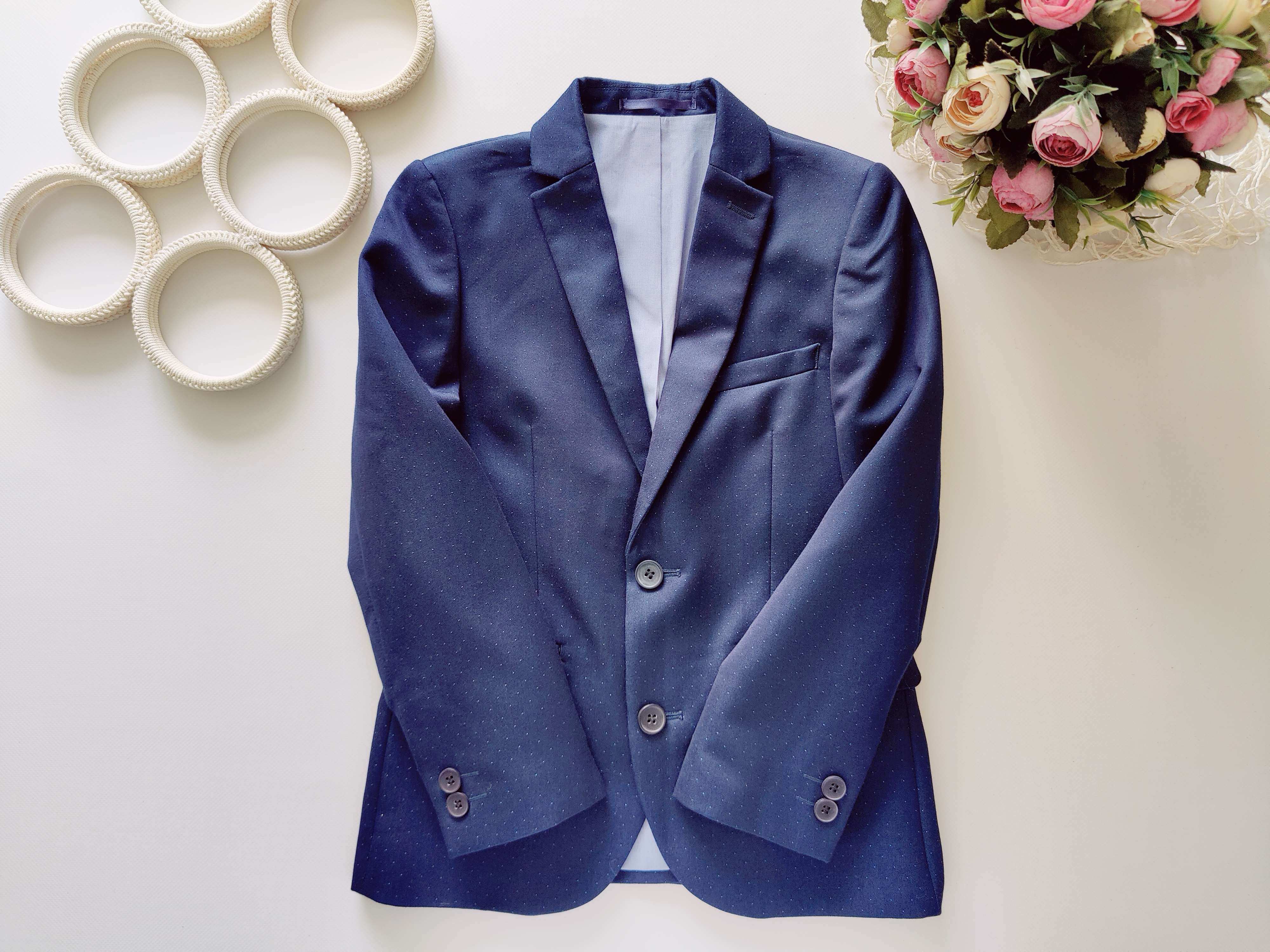 8 лет, рост 128 Синий пиджик в мелкий горошек