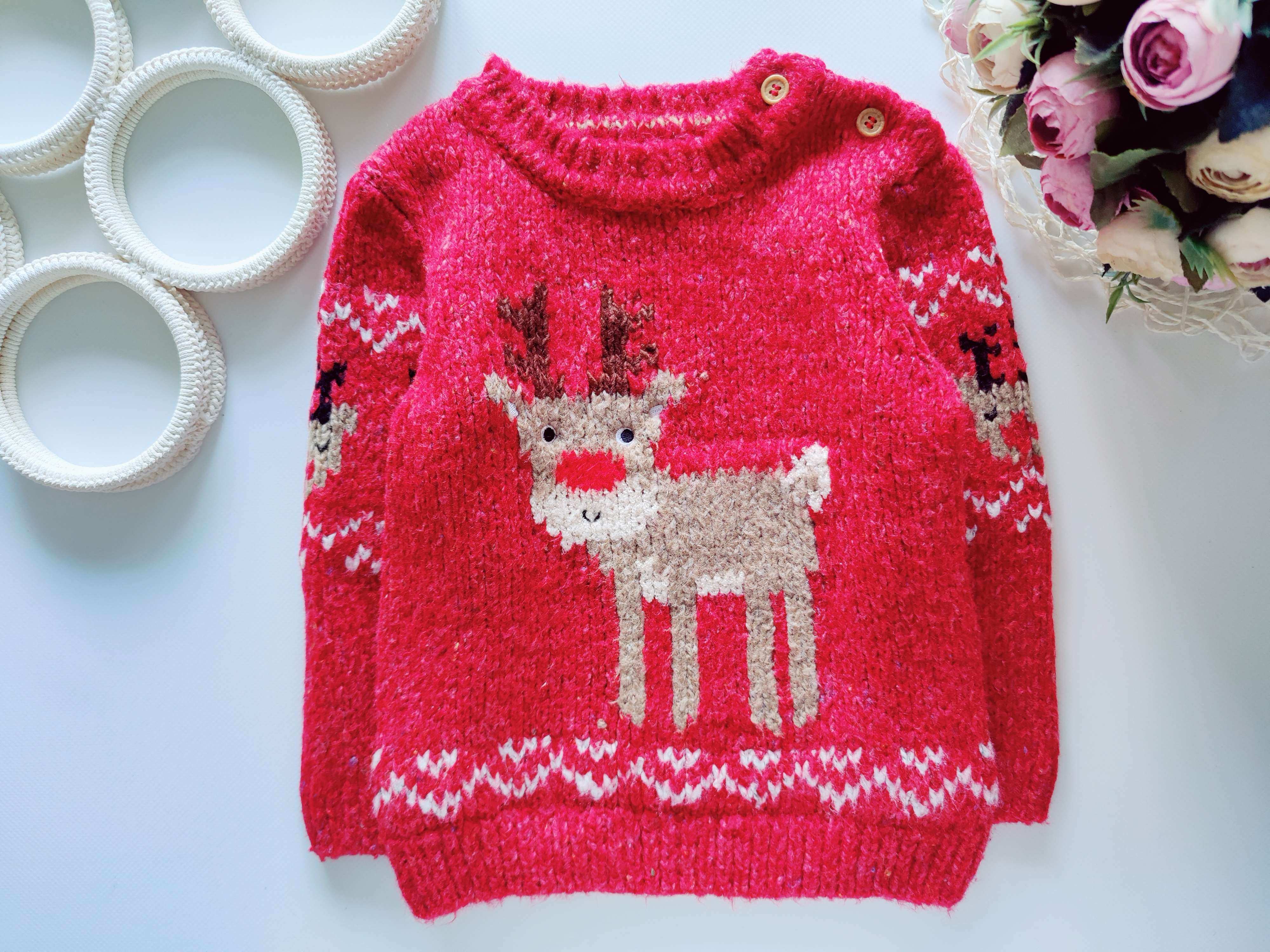 12,18 мес, рост 86 Новогодний свитер детский с оленем