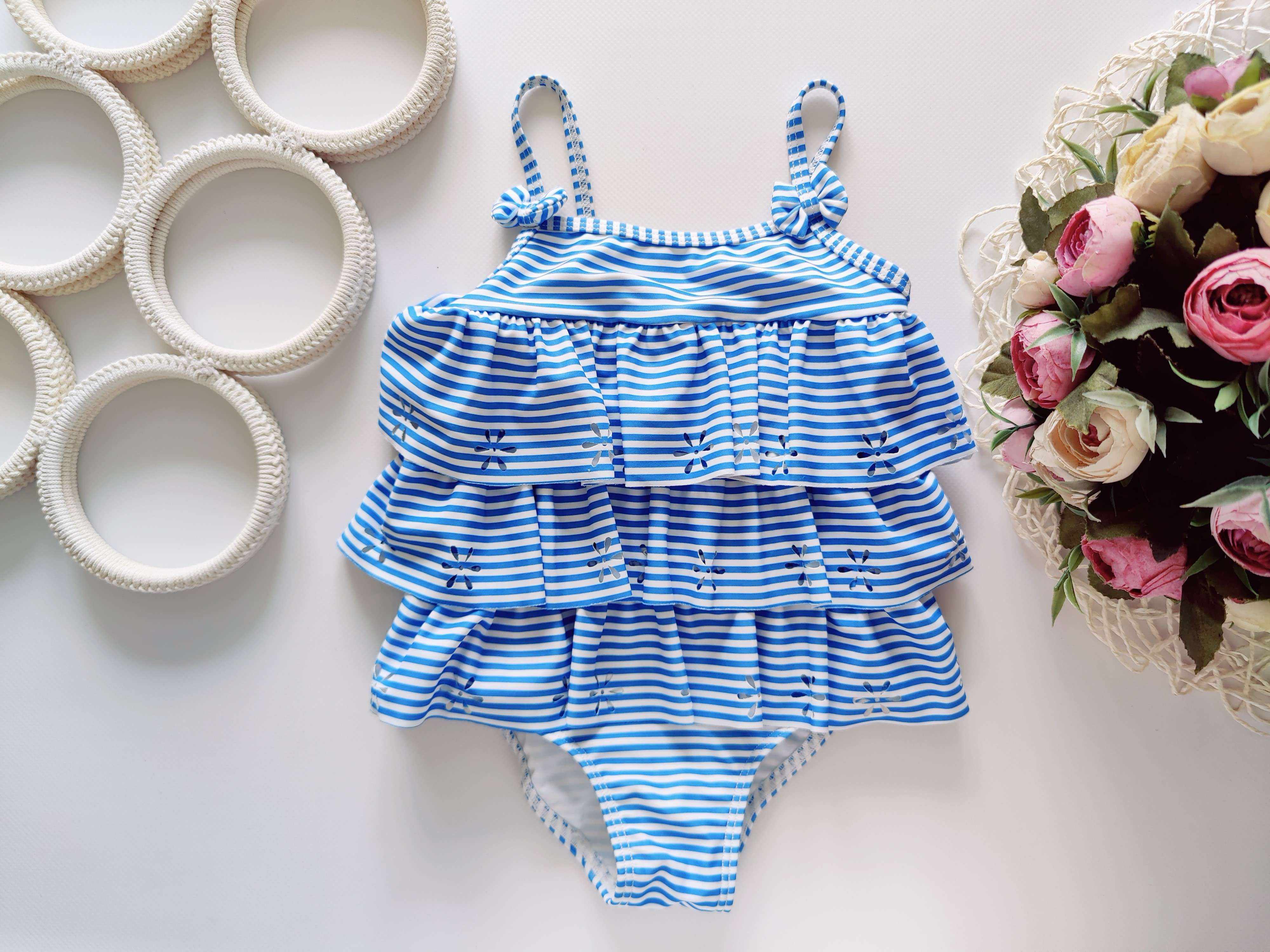 9,12 мес, рост 74,80 Красивый полосатый купальник