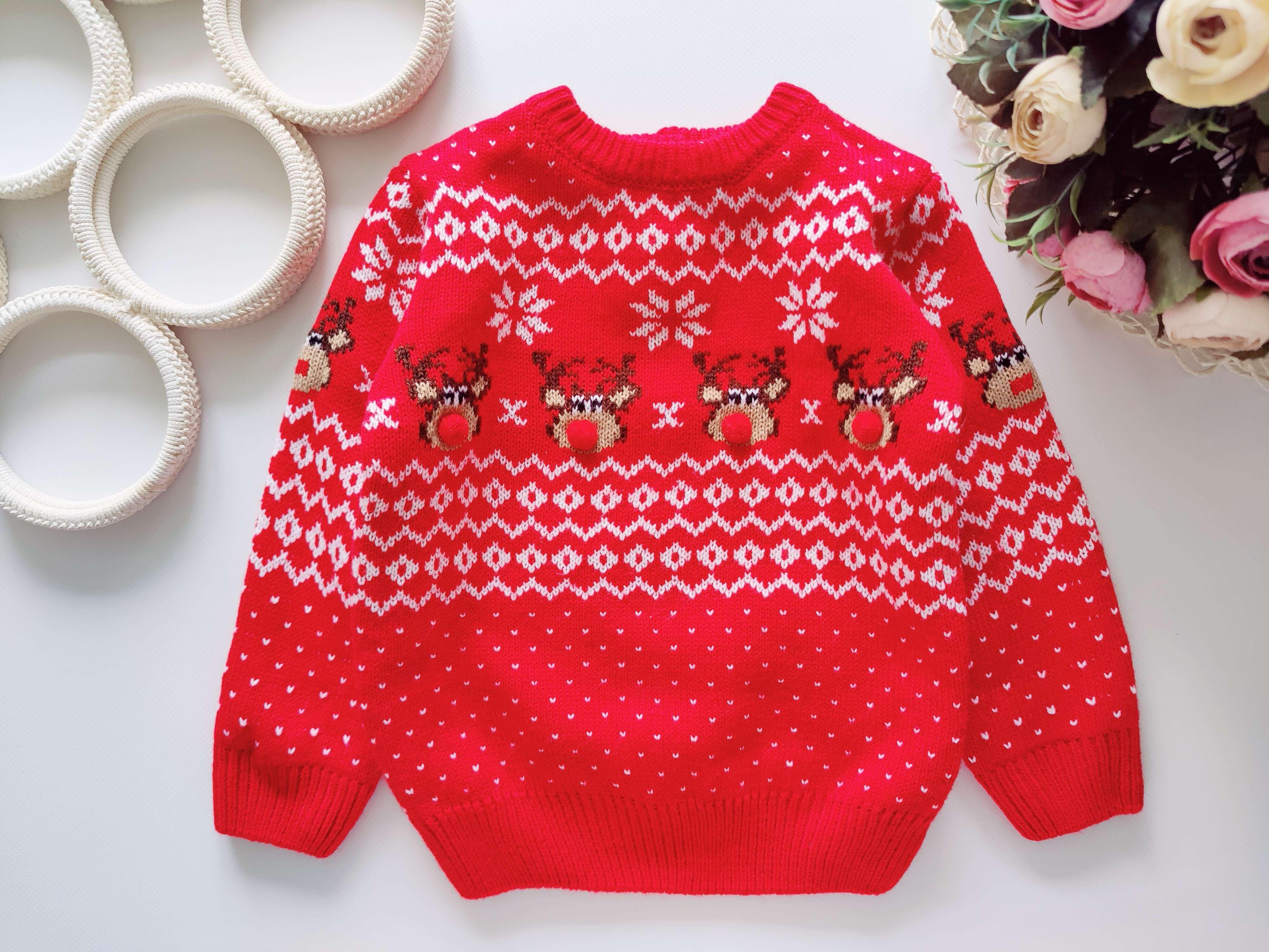 12,18 мес, рост 80,86 Красный новогодний свитер с оленями
