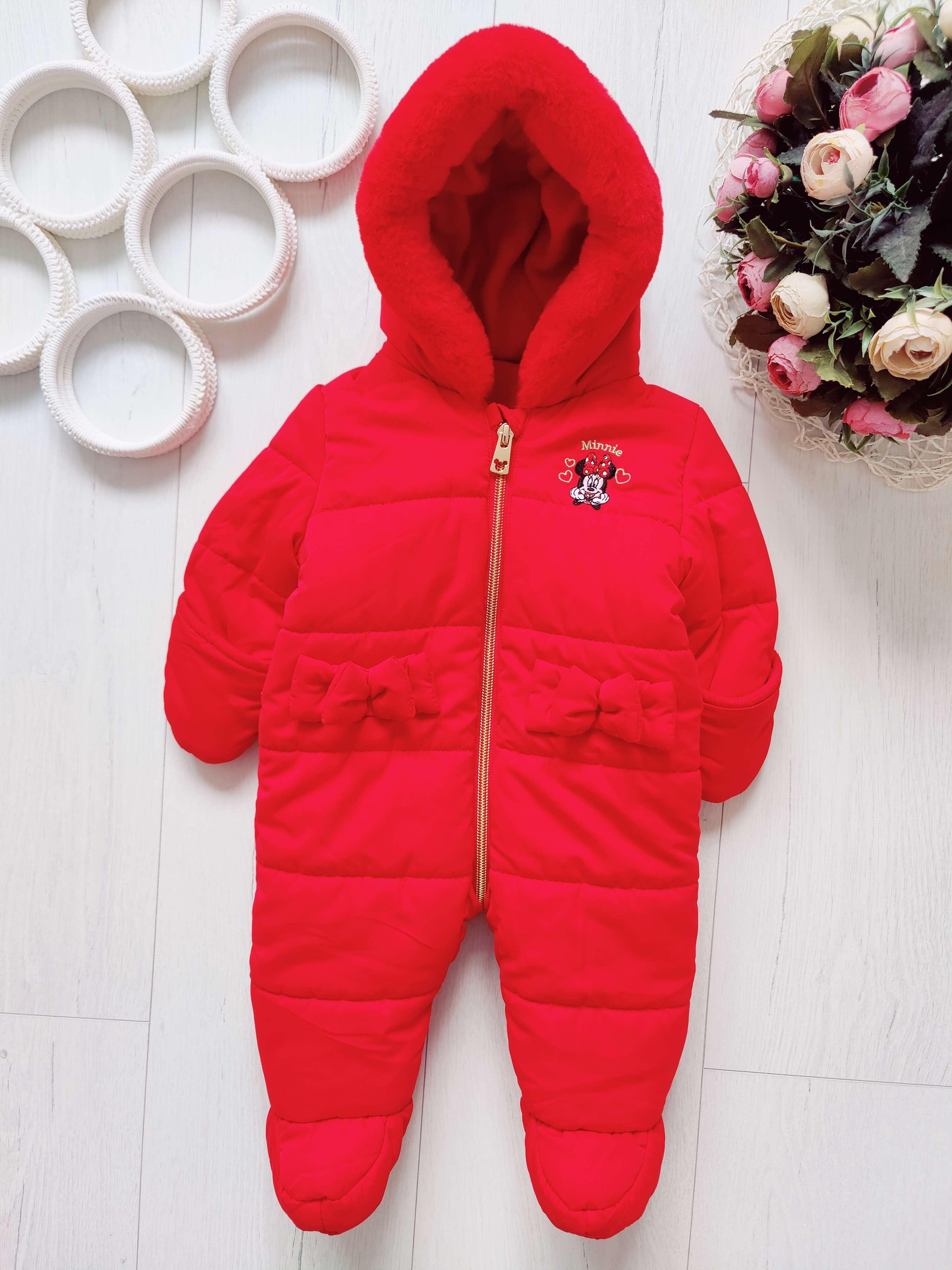0-3 мес, 5,5 кг, Теплый комбинезон на синтепоне красный с микки