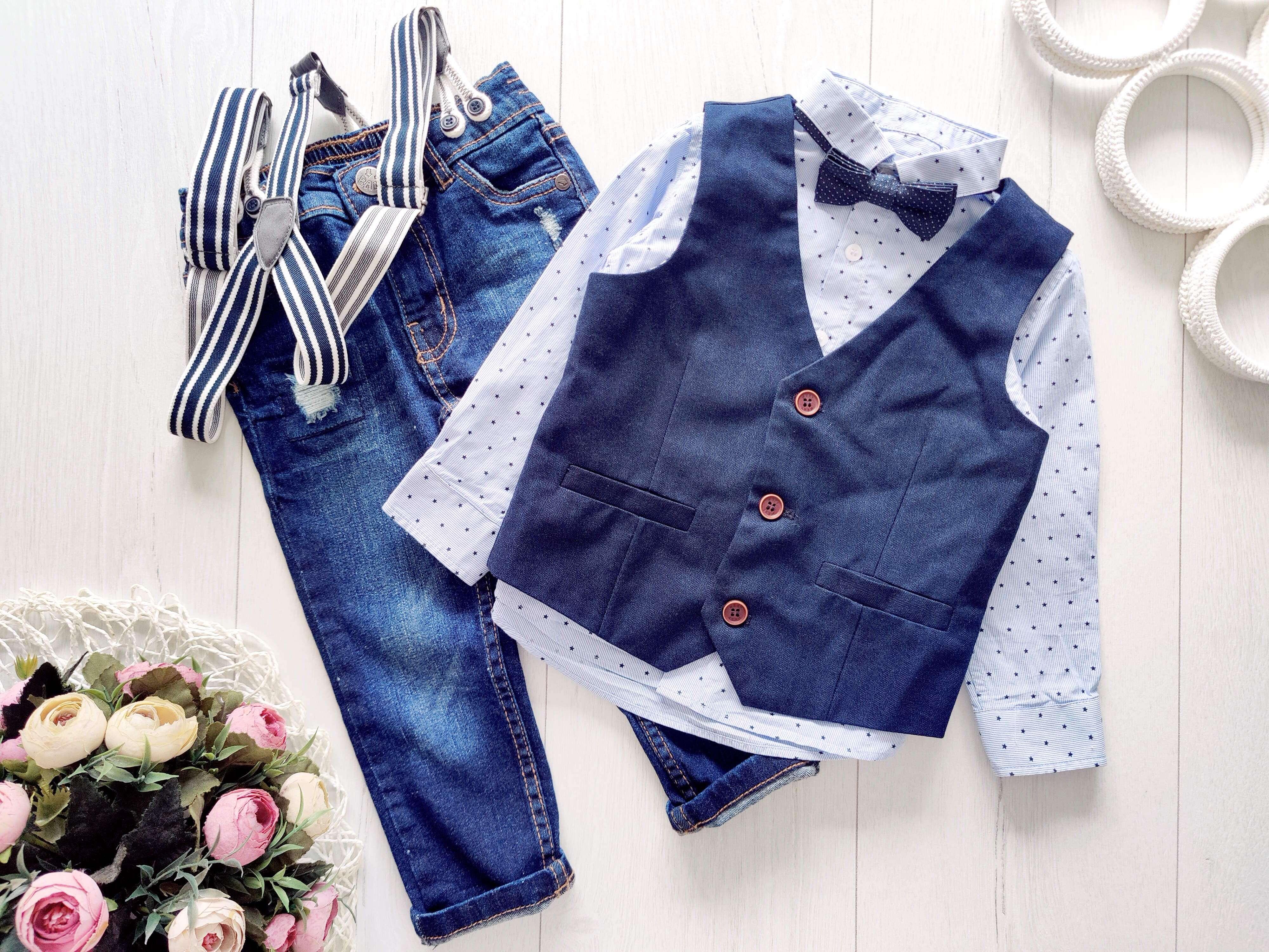 1,5,2 года, рост 92 Рубашка с бабочкой жилетка и джинсы с подтяжками