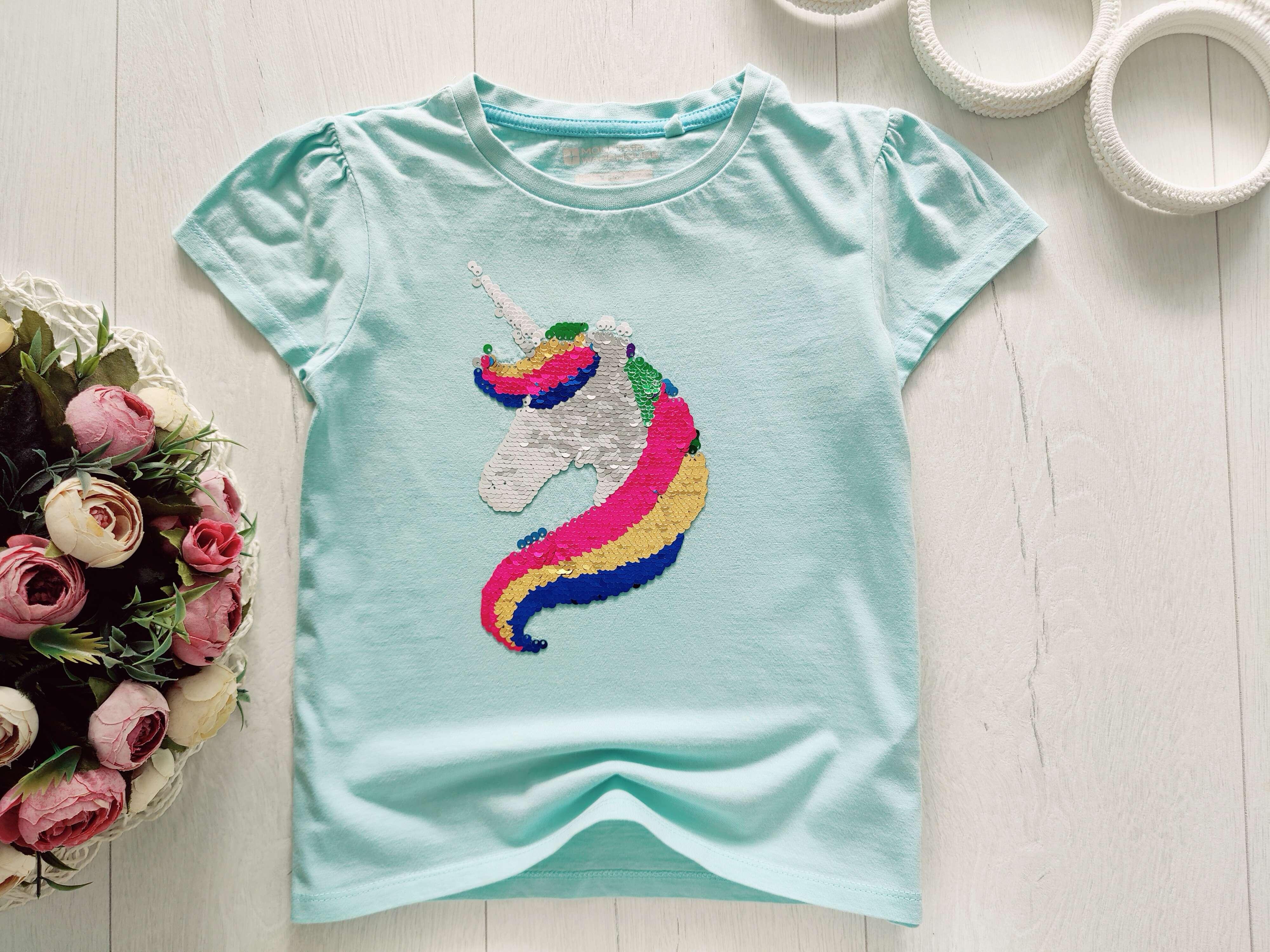 5,6 років, зріст 110,116 Футболка з єдинорогом м'ятна