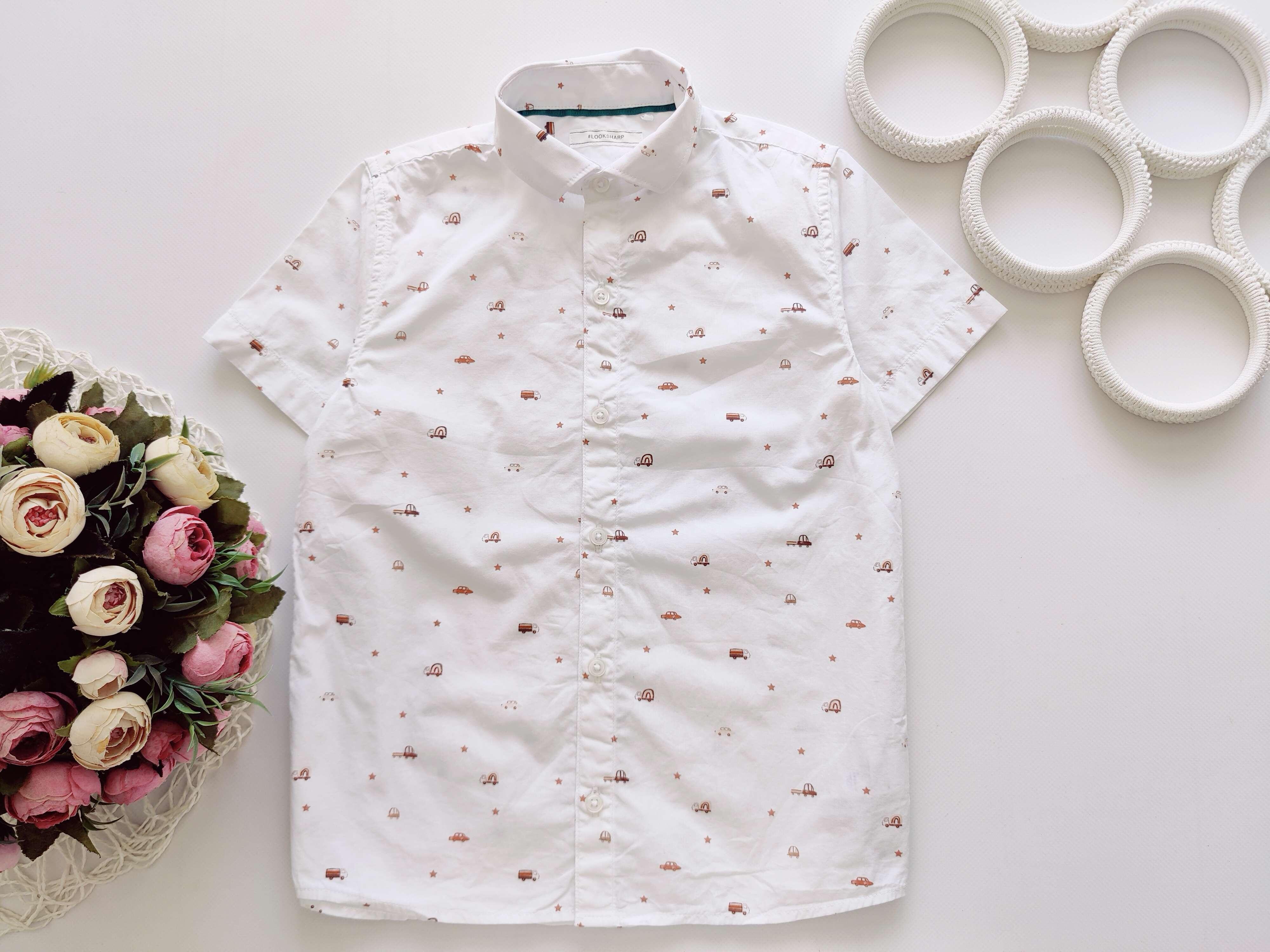 6,7 лет, рост 122 Красивая детская рубашка в машинках