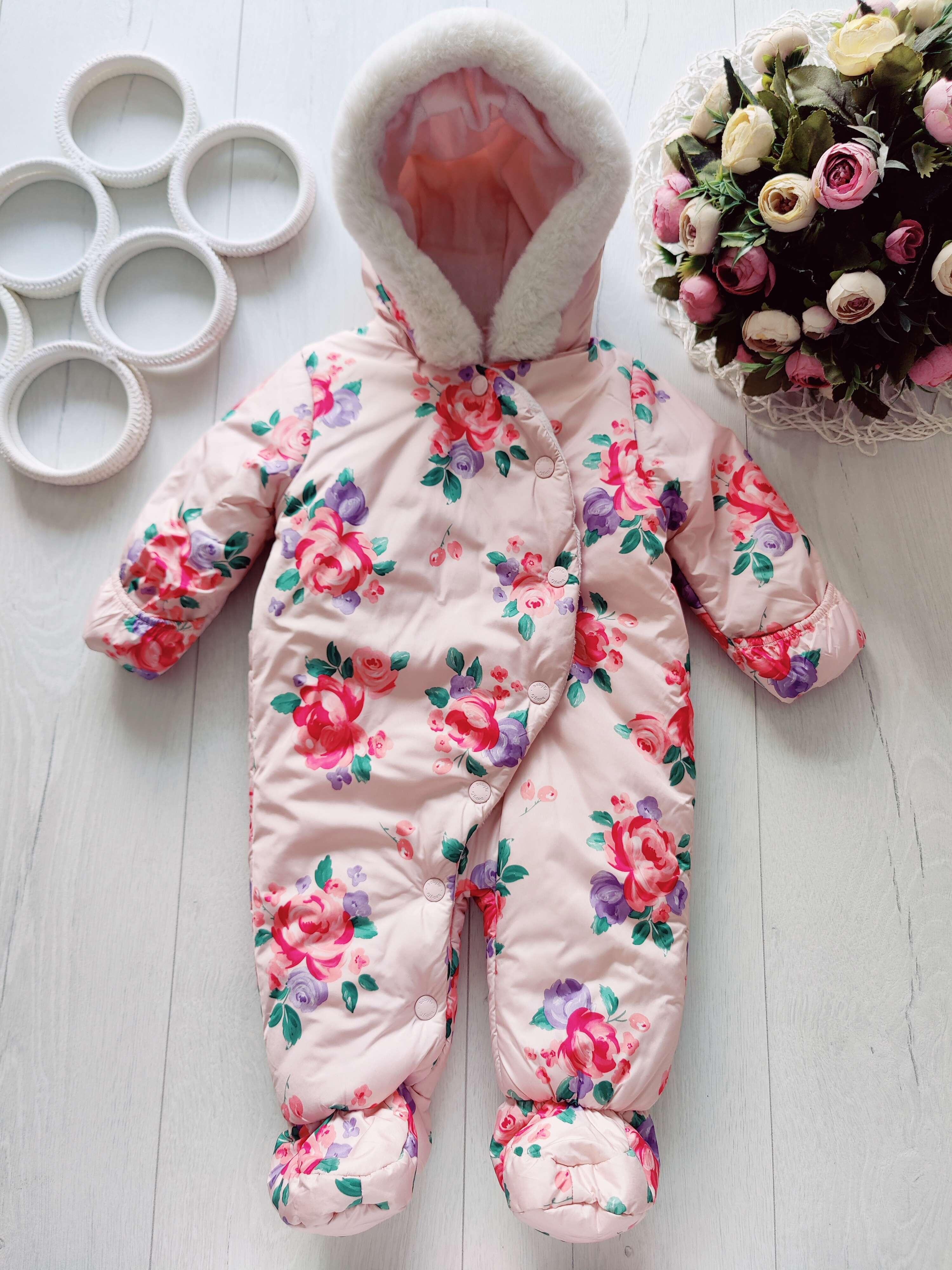 0-3 мес, Теплый комбинезон на синтепоне для девочки