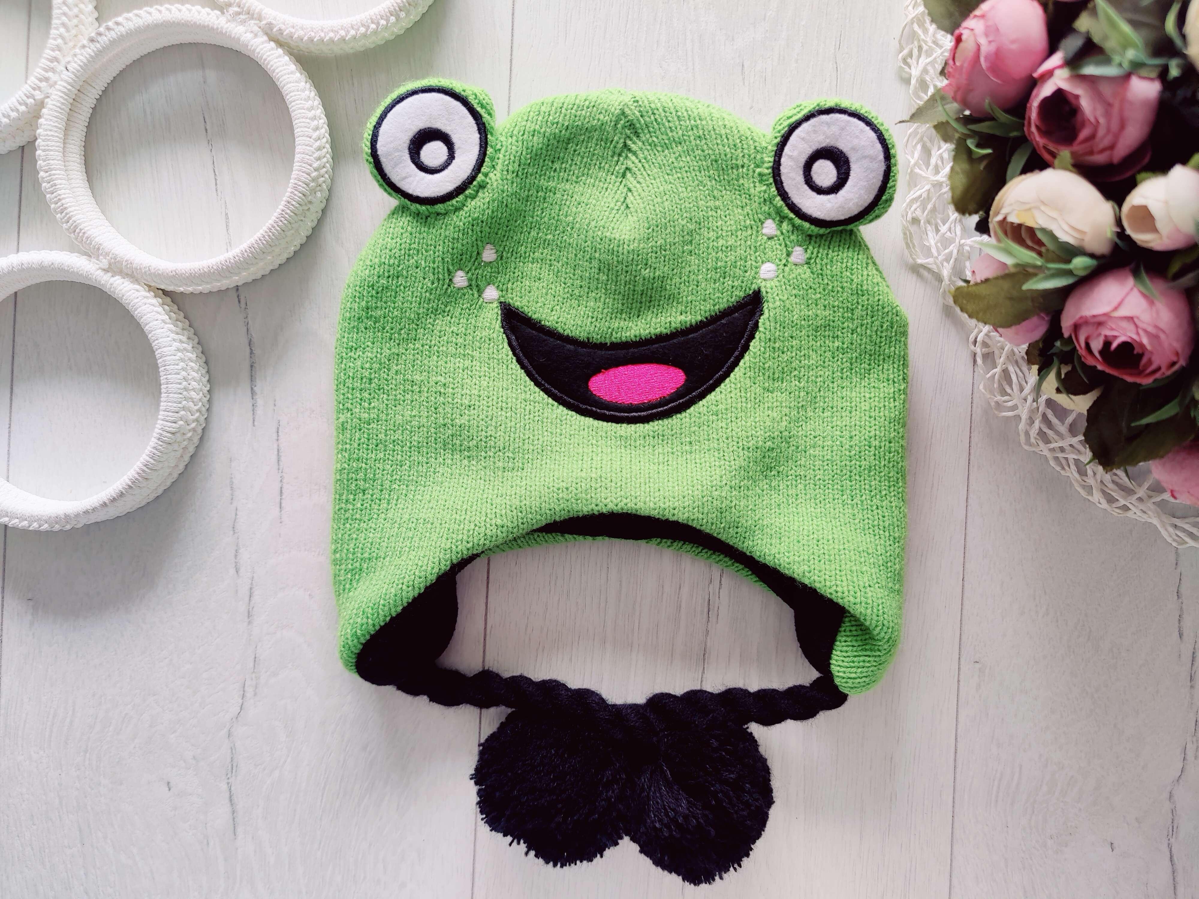2-5 лет, Теплая зимняя шапка гна флисе лягушка на завязках