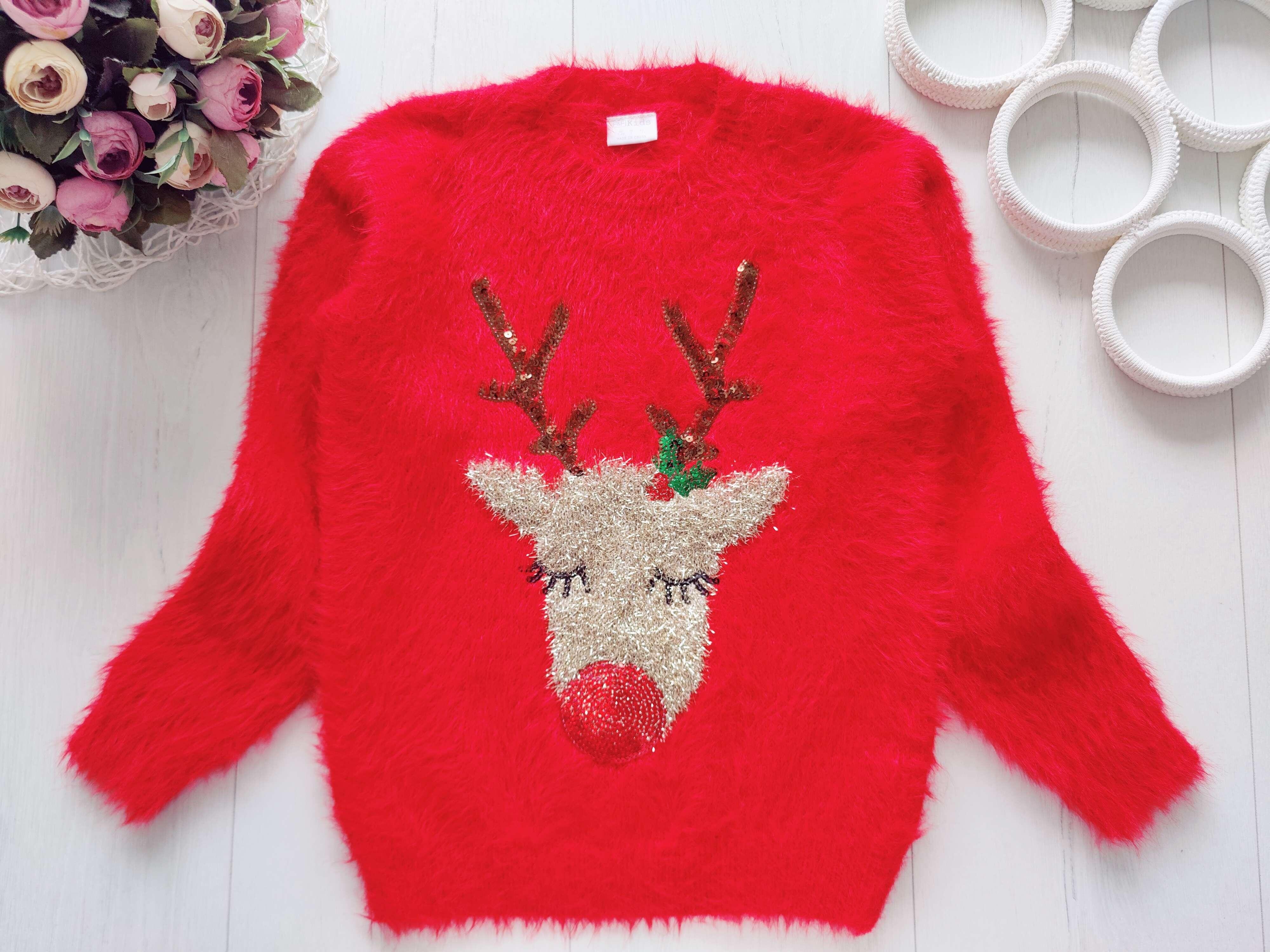 7,8 лет, рост 122,128 Новогодний свитер с оленем для девочки