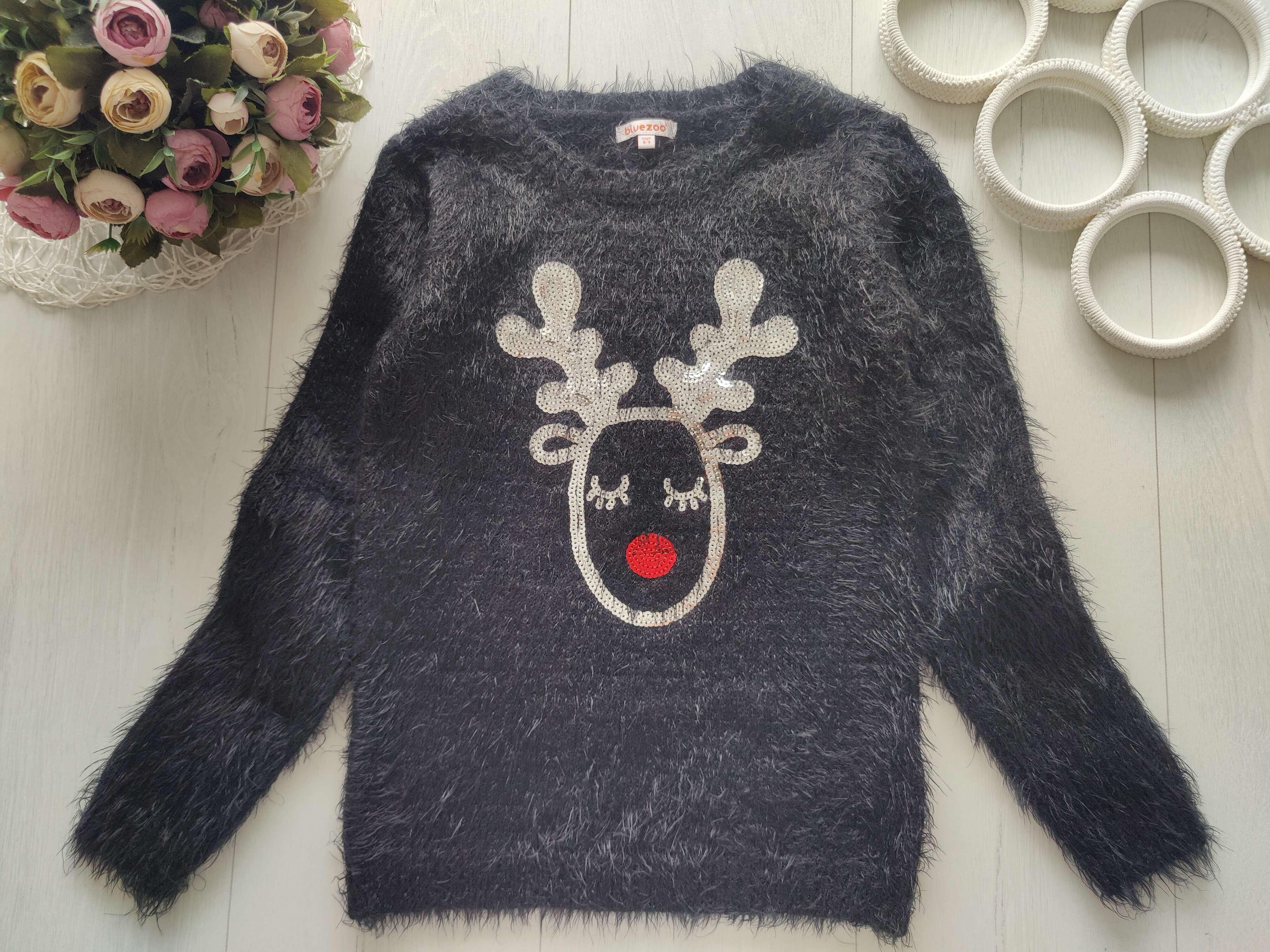 8,9 лет, рост 134 Новогодний свитер с оленем для девочки