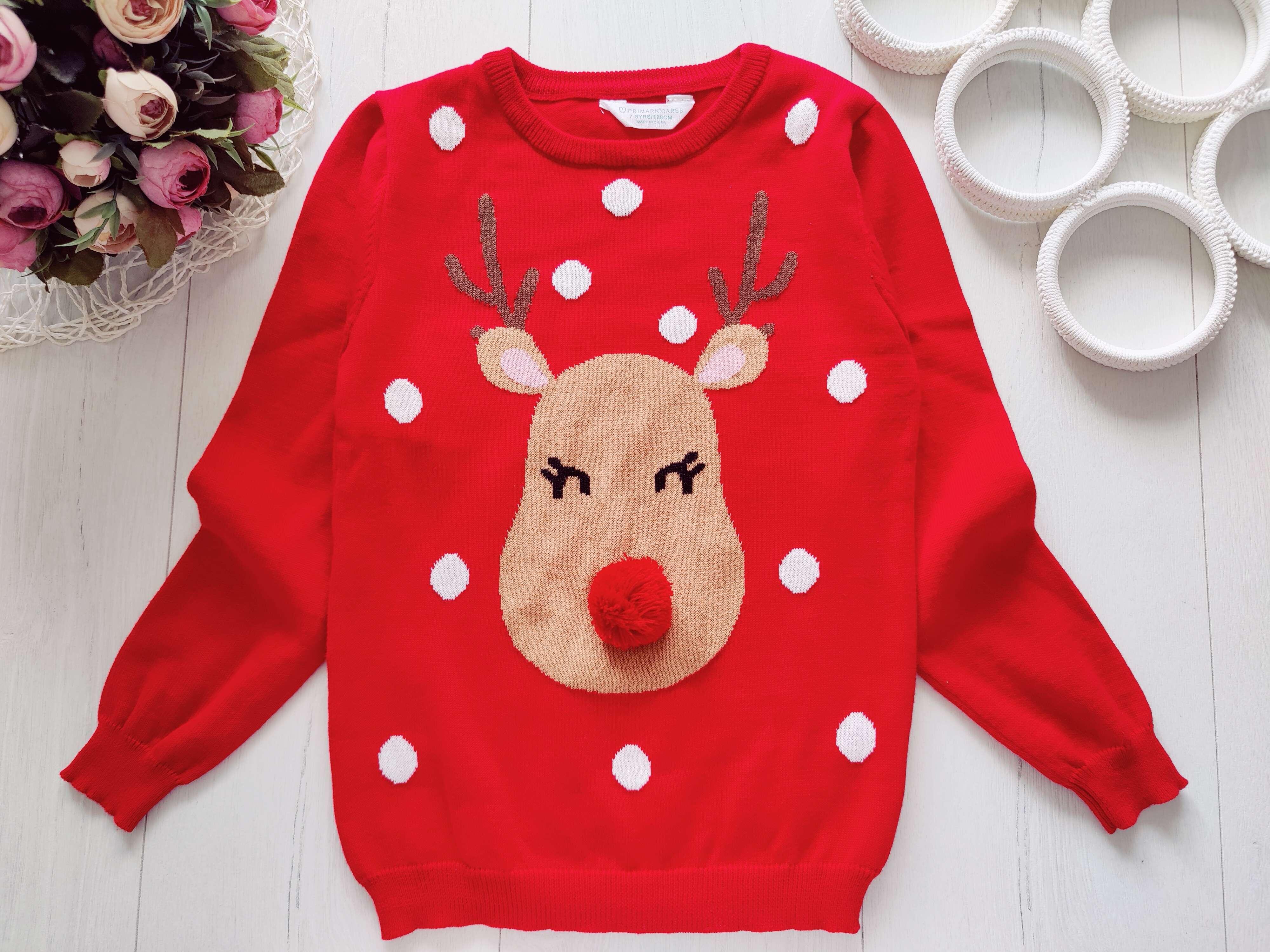7,8 лет, рост 128 Красный свитерок с оленем