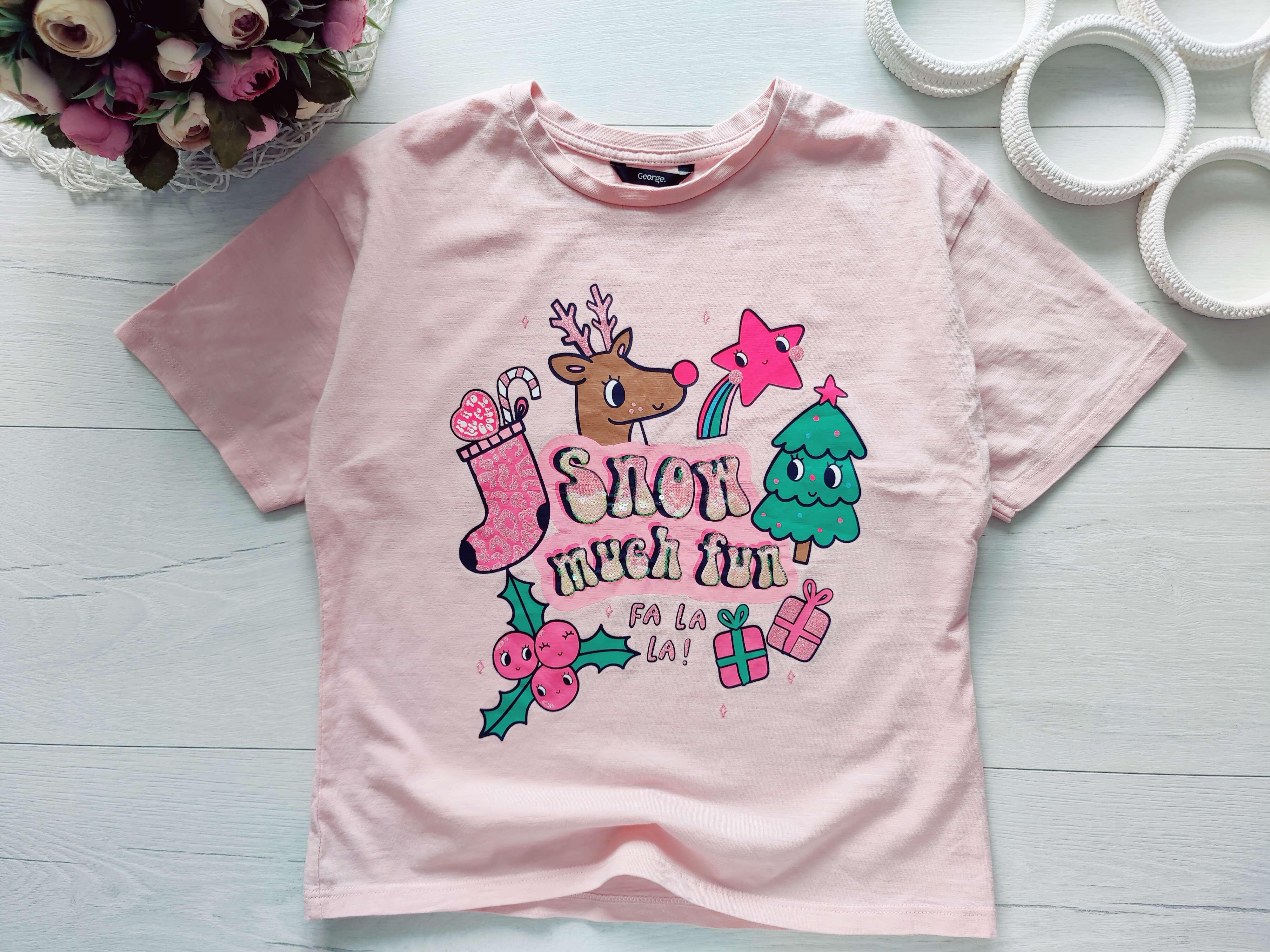11,12 лет, рост 146,152 Футболка с оленем для девочки новогодняя