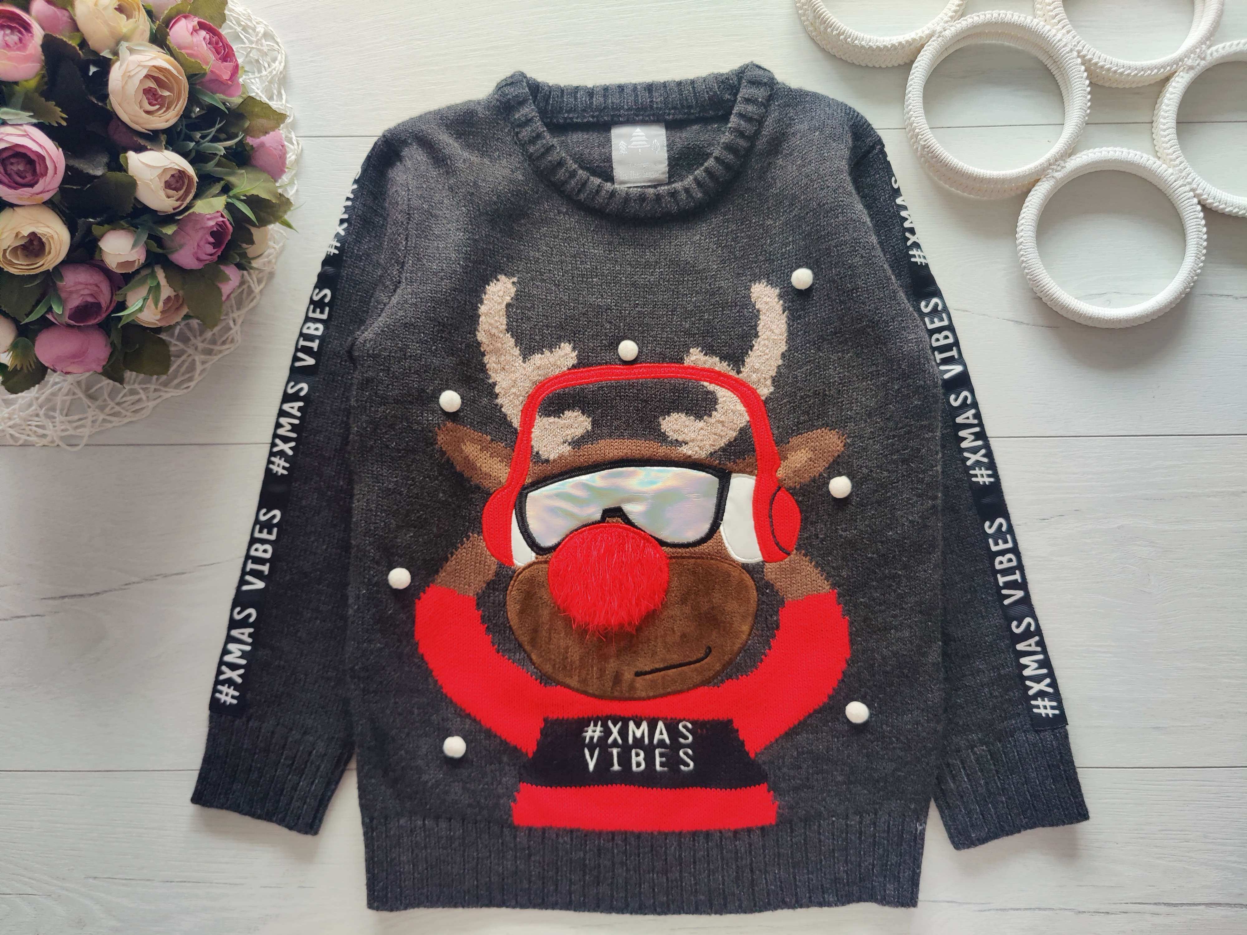 5,6 лет, рост 116,122 Новогодний свитер с оленем для мальчика мигает