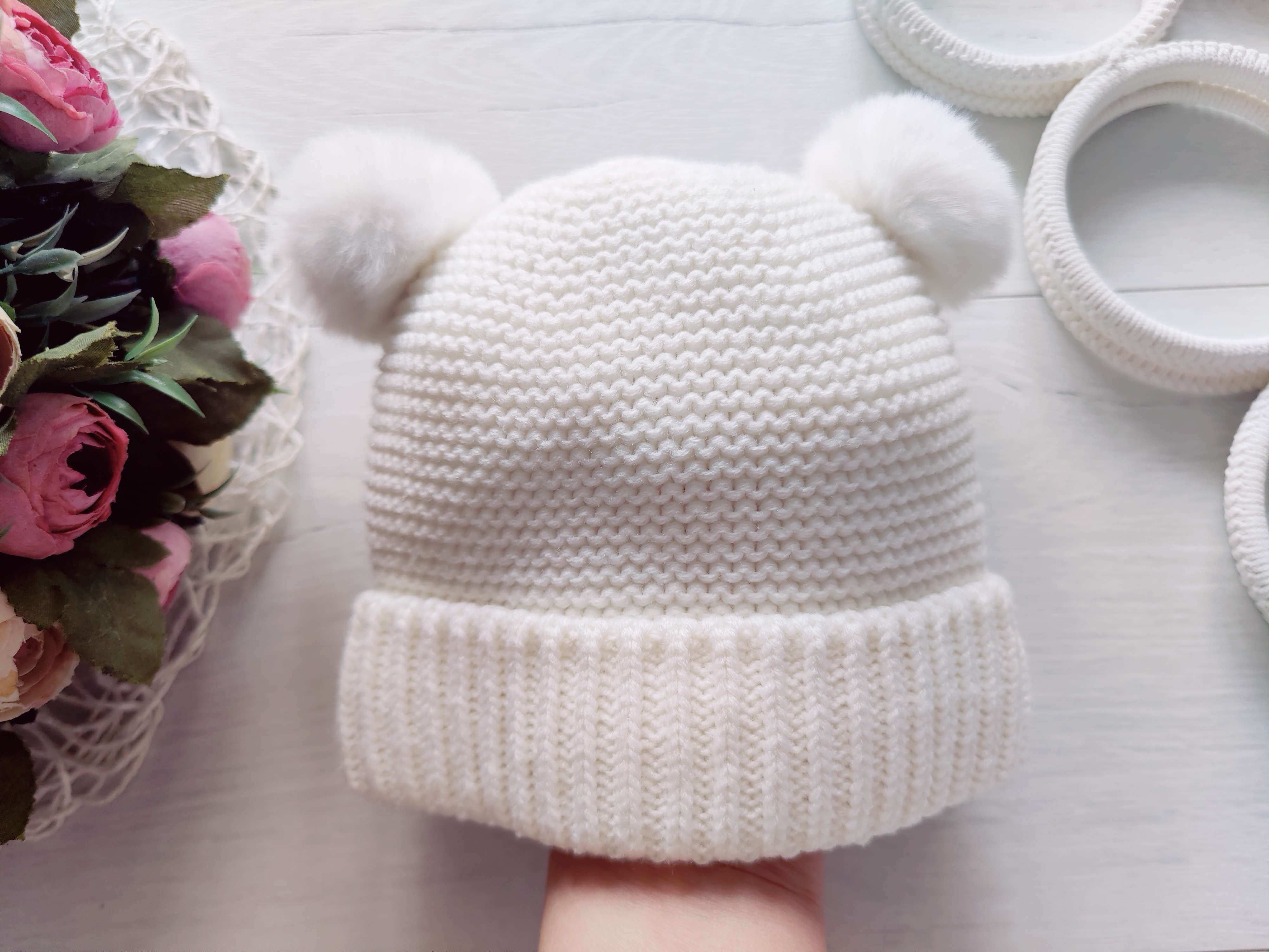 12-24 мес, Теплая детская вязаная шапка на хб подкладке унисекс