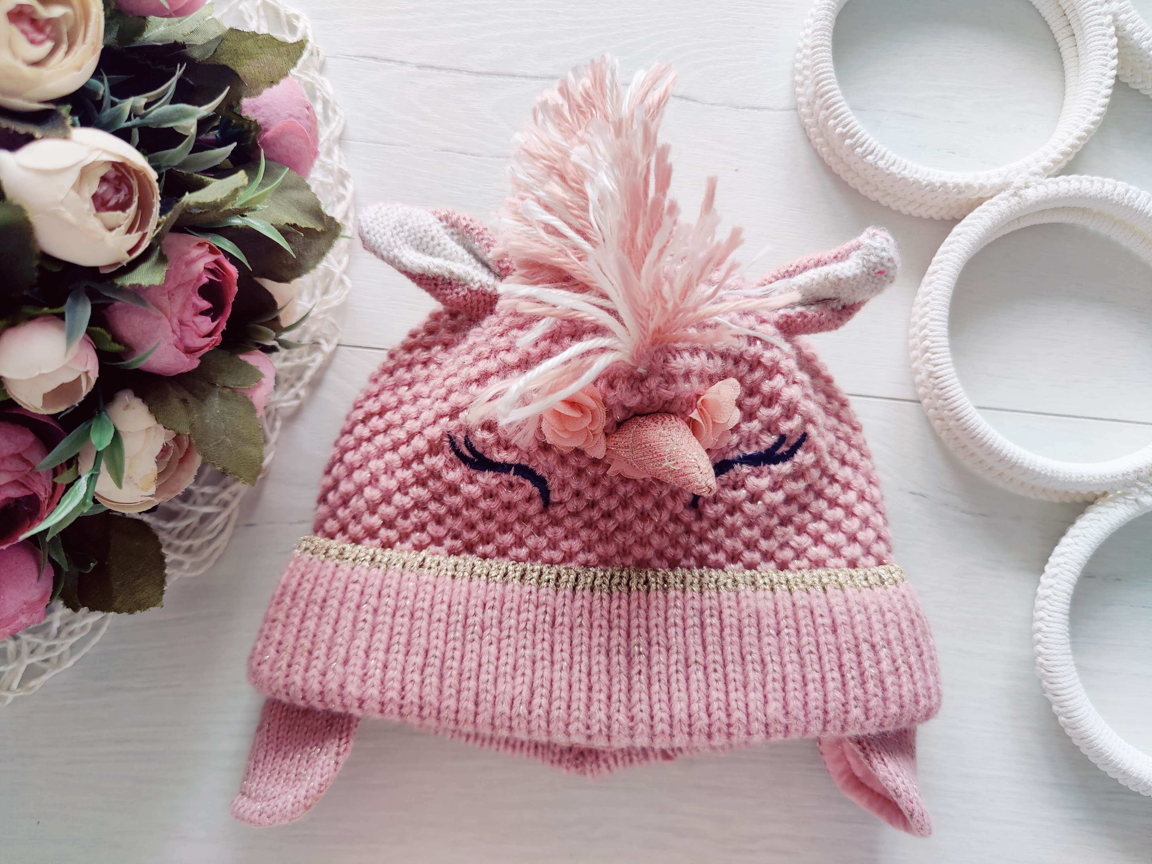 5-6 лет, Теплая вязаная зимняя шапка на хб подкладке единорог