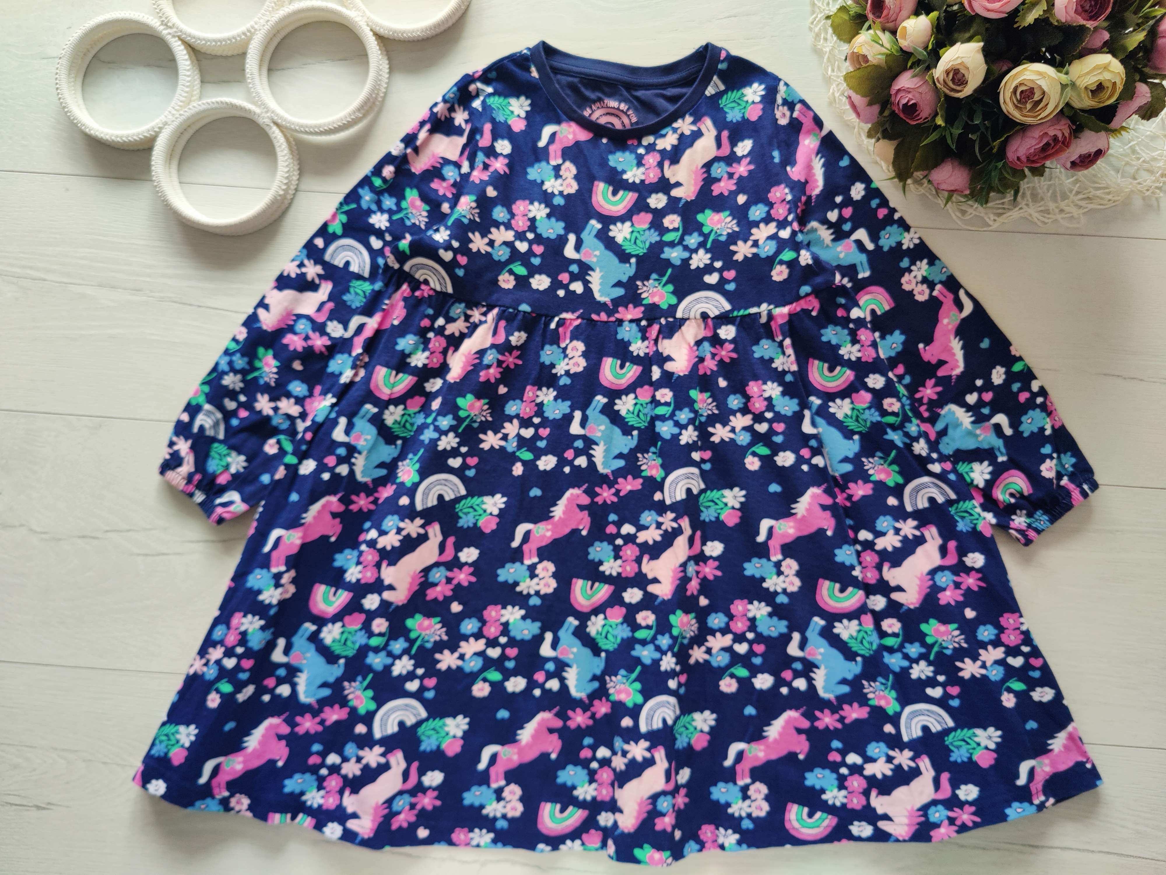 6,7 лет, рост 116,122 Трикотажное платье в пони единорог с рукавами