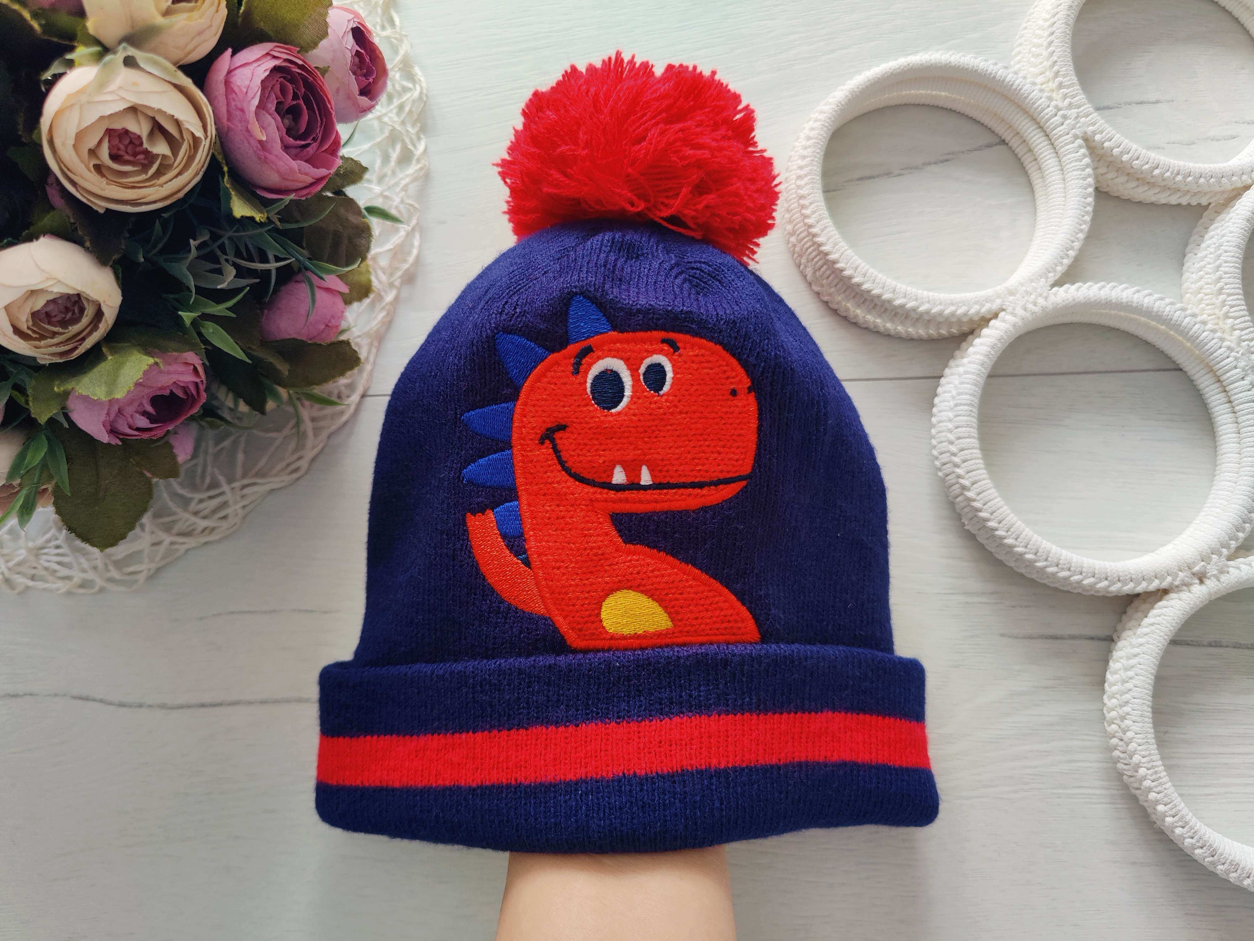 2-6 лет, Теплая детская шапка с динозарвом