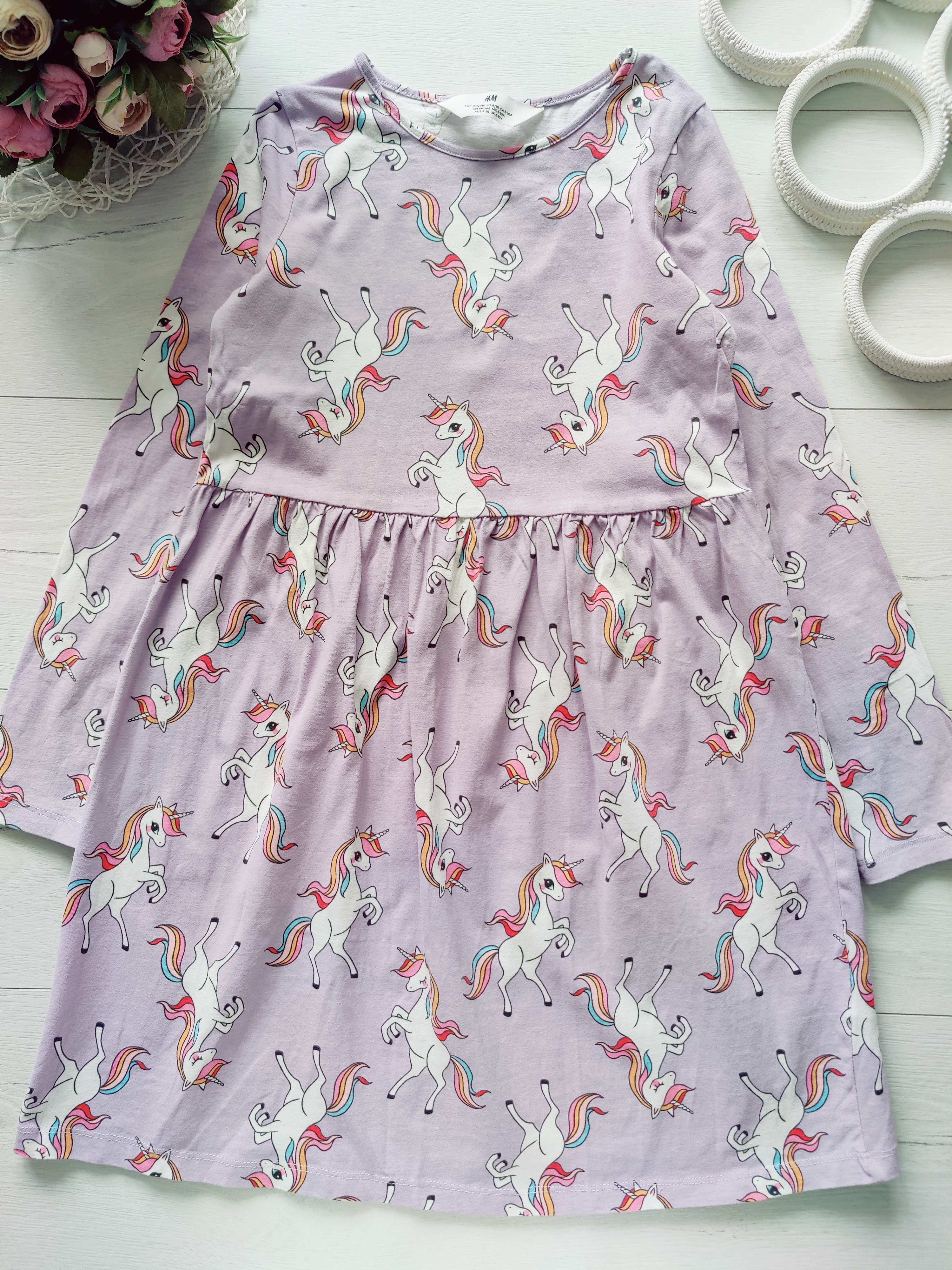 8,10 лет, рост 134,140 Трикротажное платье с рукавами Единорог