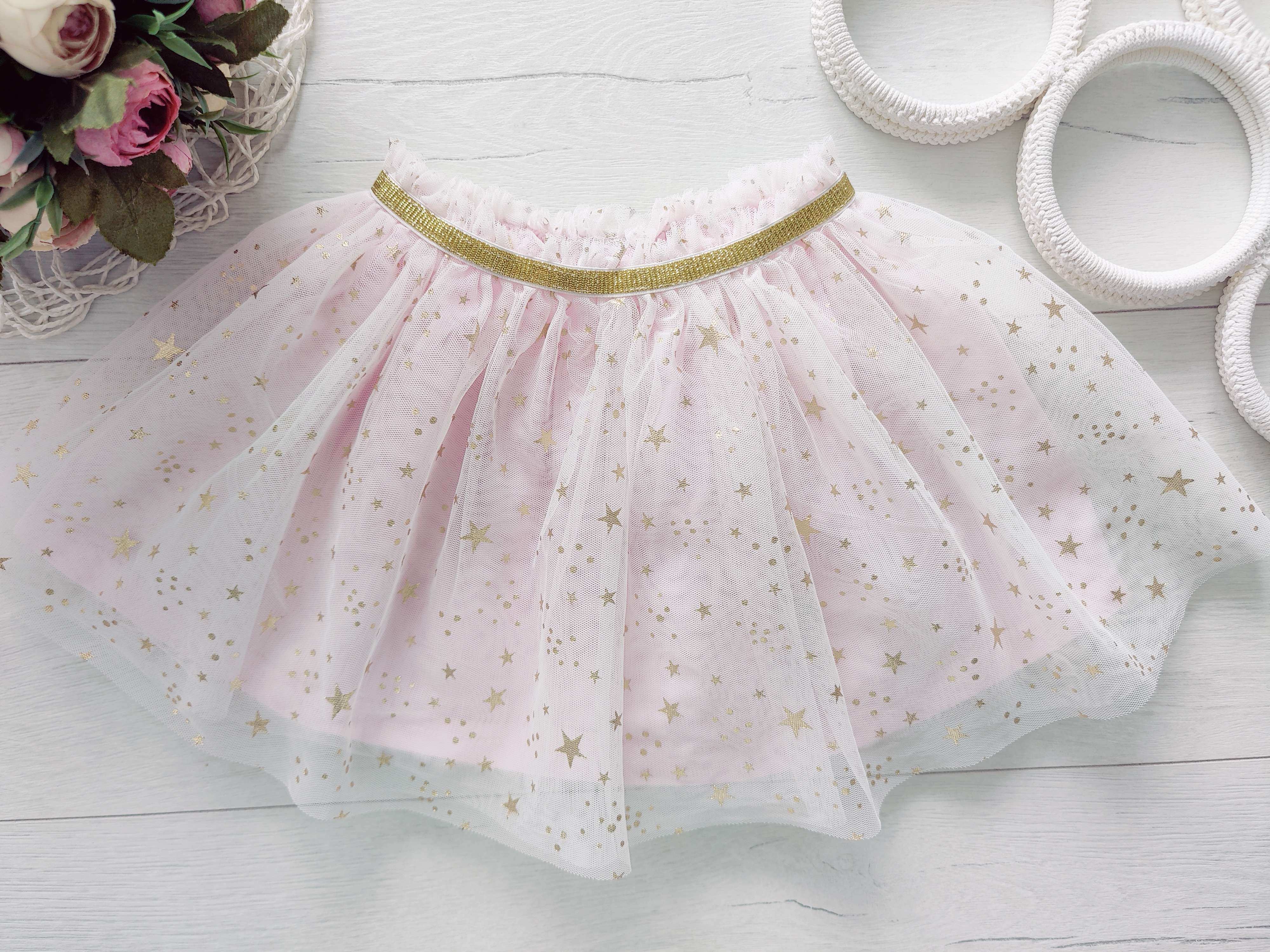 12,18 мес, рост 86 Детская нежно розовая пышная юбка в золотистых звездах