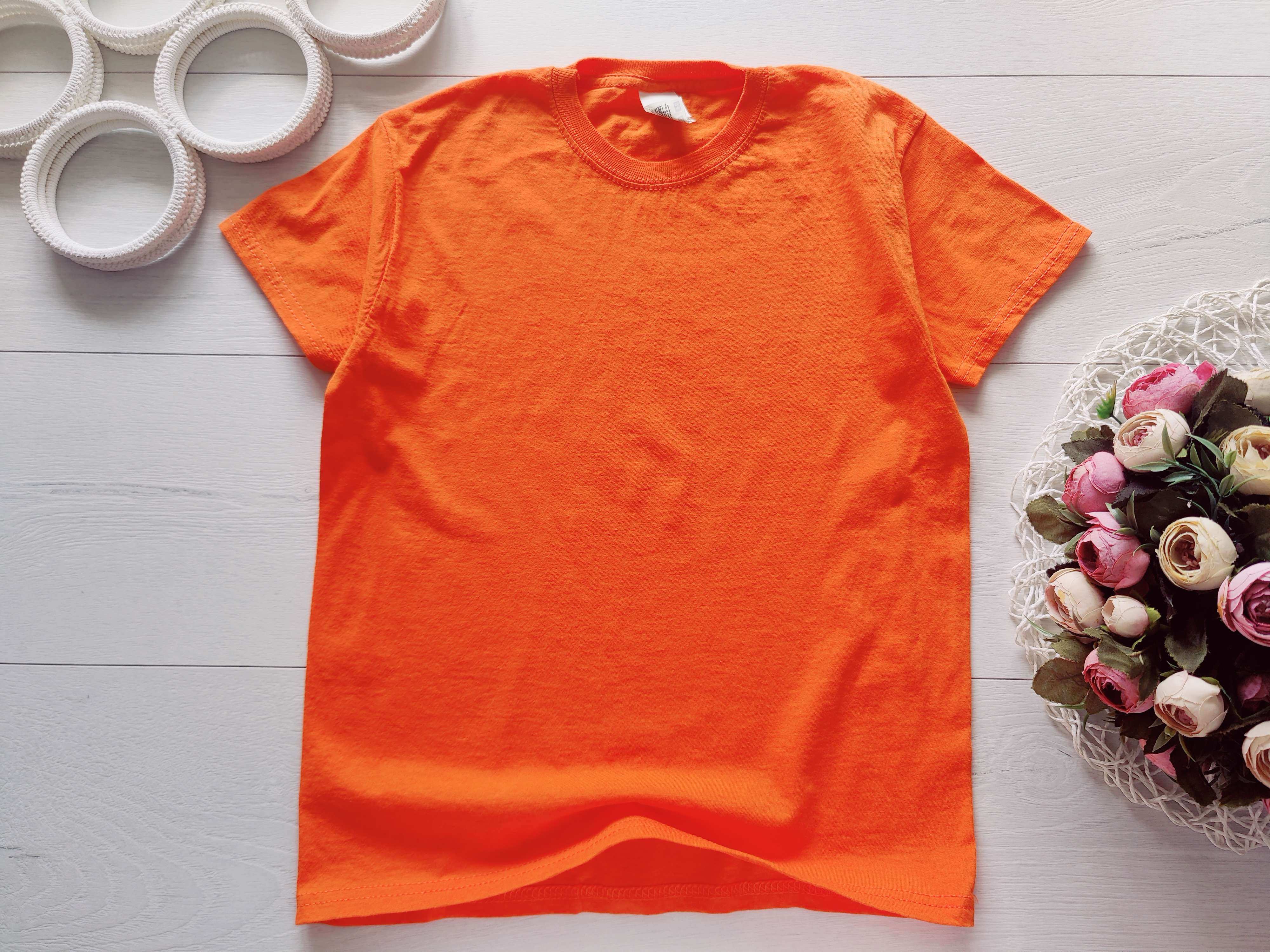 7,8 лет, рост 128 Яркая оранжевая детская футболка