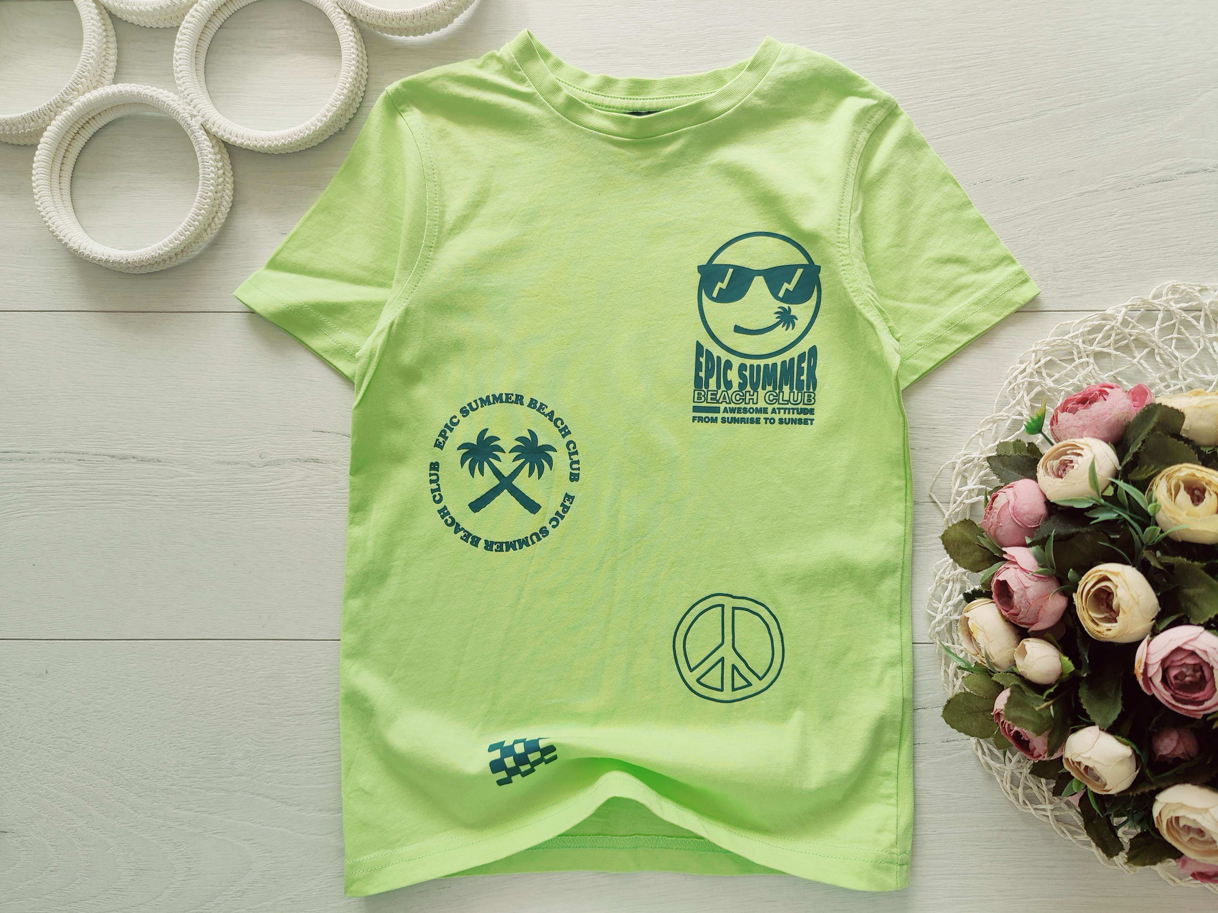 5,6 лет, рост 110,116 Яркая салатовая футболка смайл