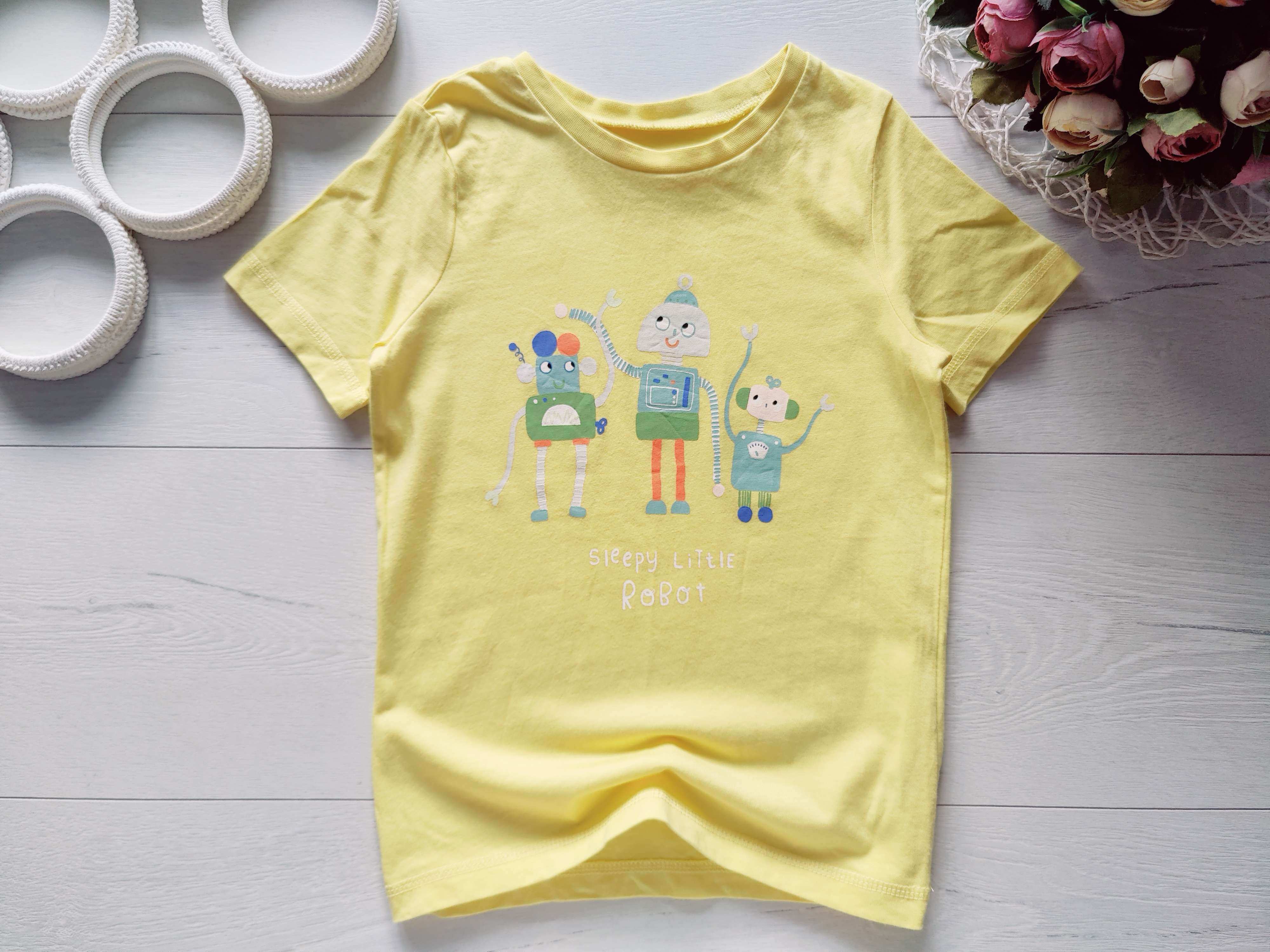 5,6 лет, рост 110,116 Желтая детская футболка роботы
