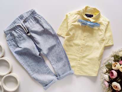 12,18 міс, зріст 86 Жовто блакитний ошатний лляний костюм для хлопчика