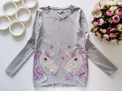 11,12 років, зріст 152 Гарний лонгслів у паєтках з єдинорогами