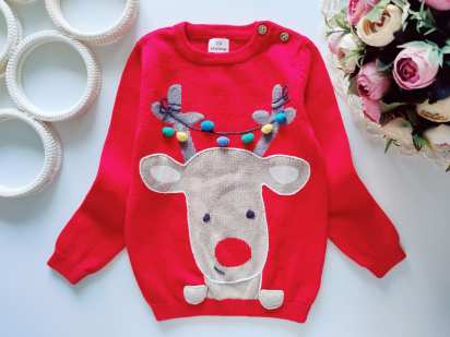 12,18 мес, рост 80,86 Новогодний котоновый свитер тонкой вязки с оленем