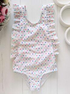 3,4 года, рост 104 Красивый белый детский купальник в горошек