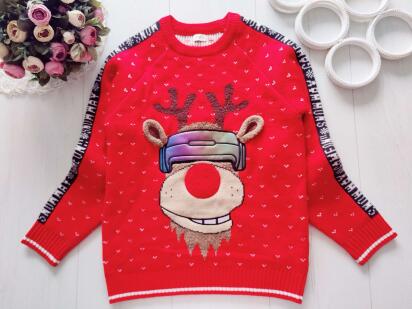 10,11 років, зріст 140,146 Червоний новорічний светр з оленем із мигалкою
