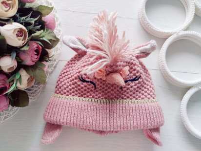 5-6 лет, Теплая вязаная зимняя шапка на хб подкладке единорог