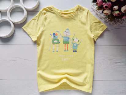 5,6 лет, рост 110,116 Желтая детская футболка роботы